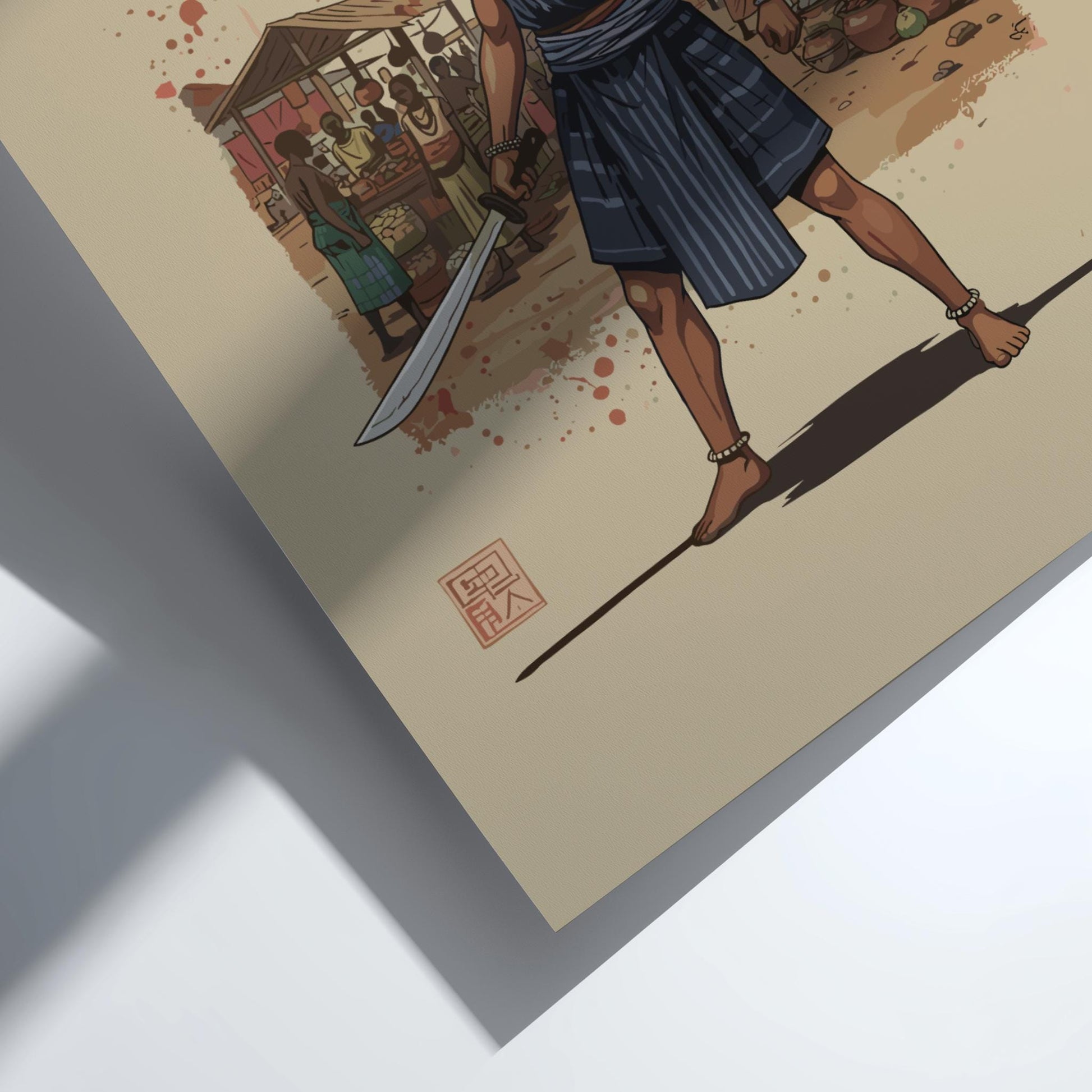 Dahomey Amazon Mino Japanese Ink Art Print, Sumi-e Rising Sun Poster, Mixed Media Warrior Decor