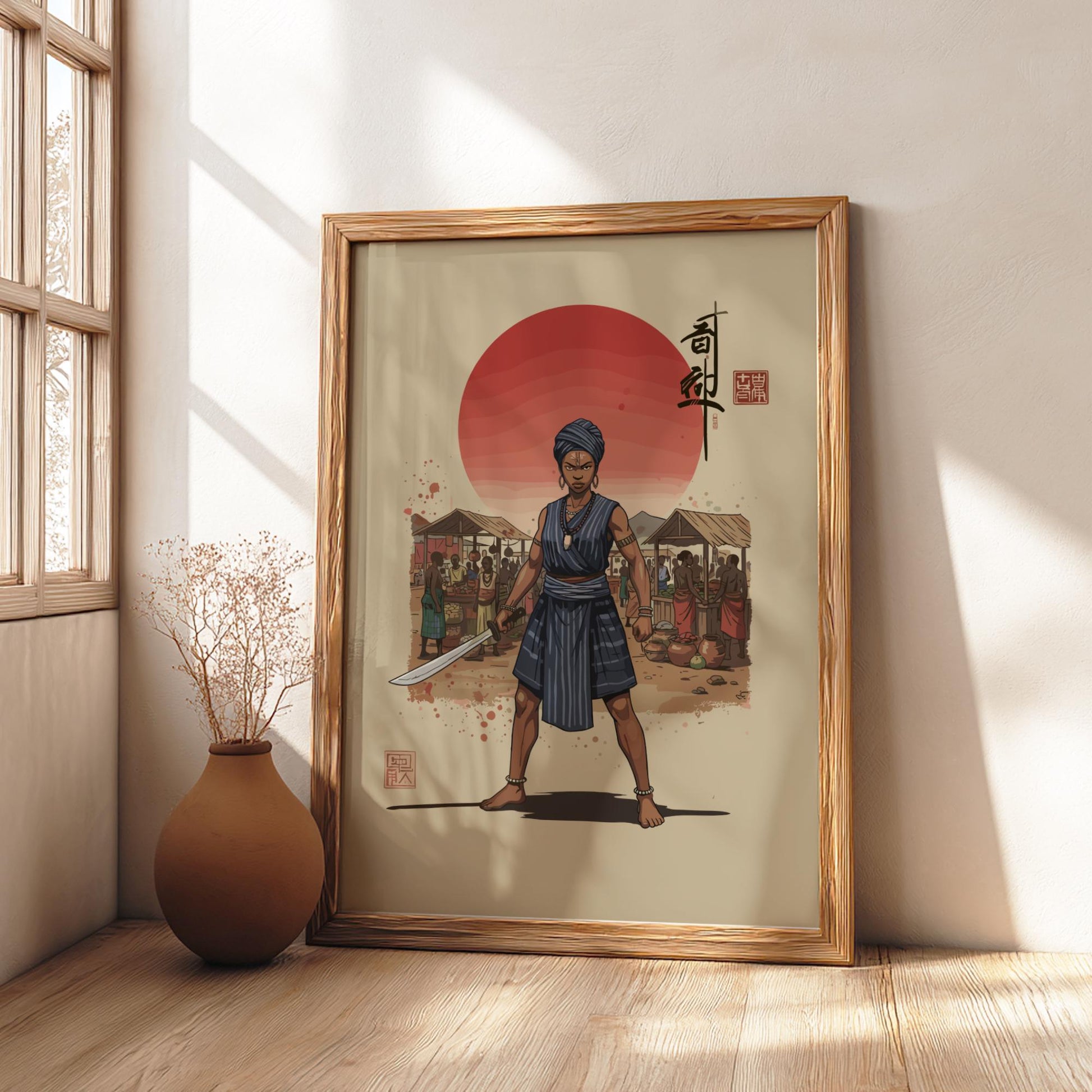 Dahomey Amazon Mino Japanese Ink Art Print, Sumi-e Rising Sun Poster, Mixed Media Warrior Decor