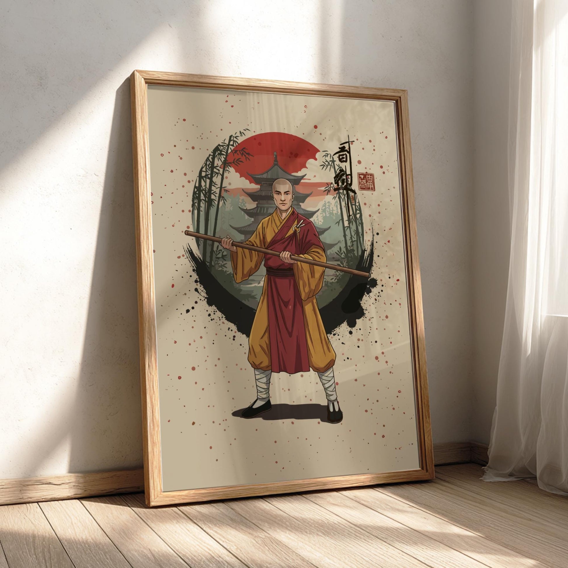 Shaolin Monk Warrior Japanese Ink Art Print, Sumi-e Rising Sun Poster, Mixed Media Wall Decor