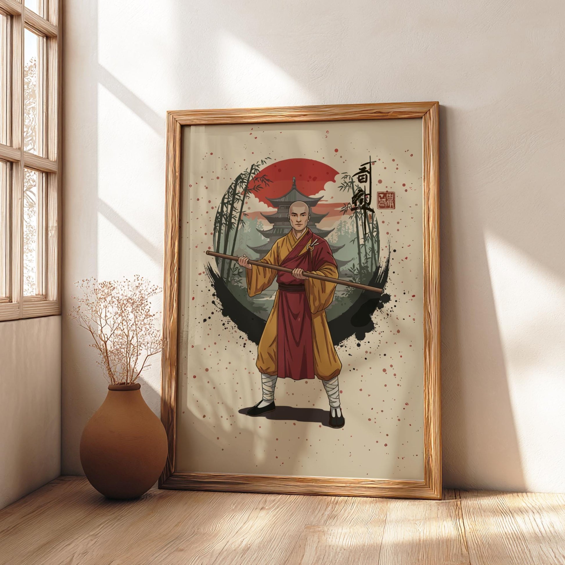 Shaolin Monk Warrior Japanese Ink Art Print, Sumi-e Rising Sun Poster, Mixed Media Wall Decor