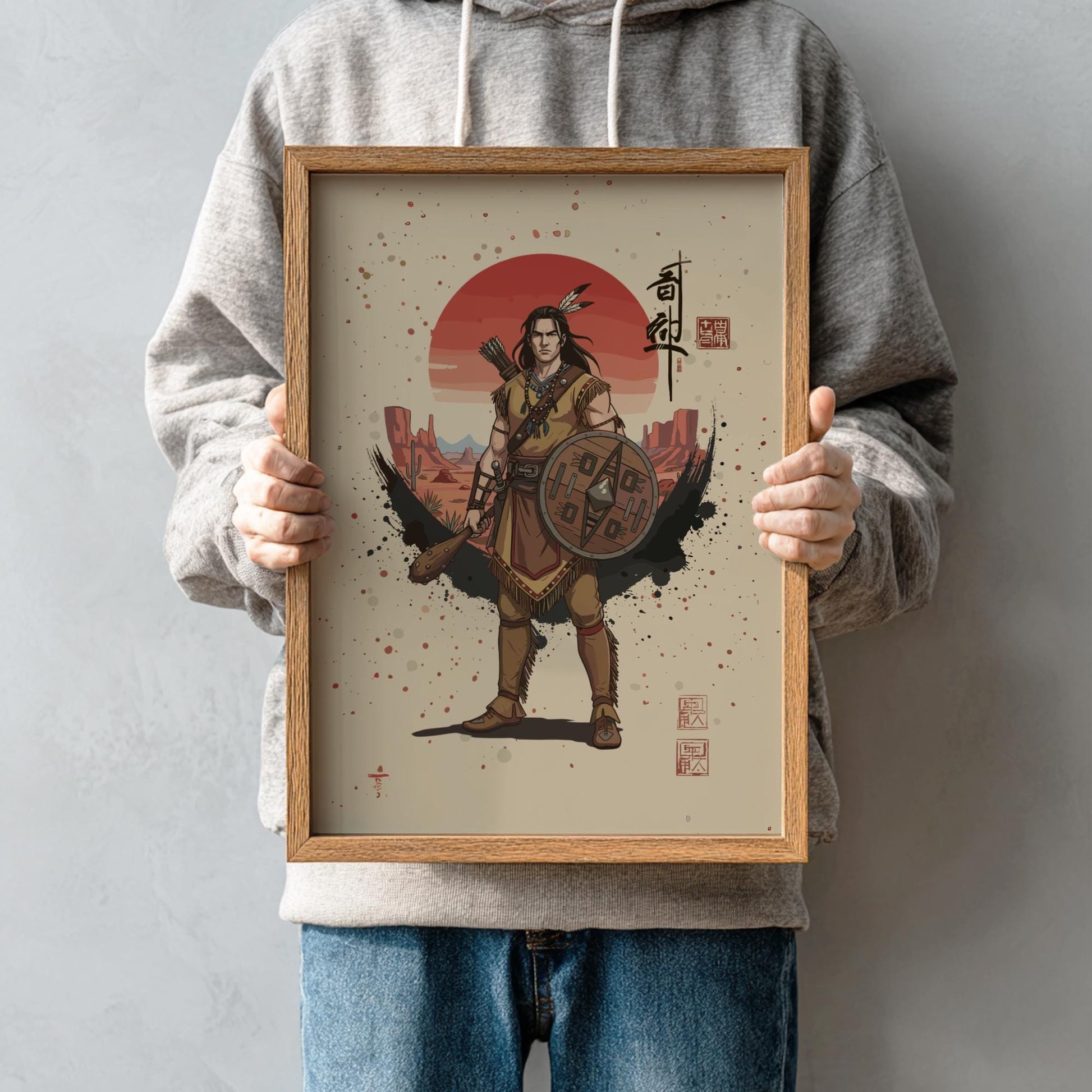Apache Warrior Japanese Ink Art Print, Sumi-e Rising Sun Poster, Mixed Media Wall Decor