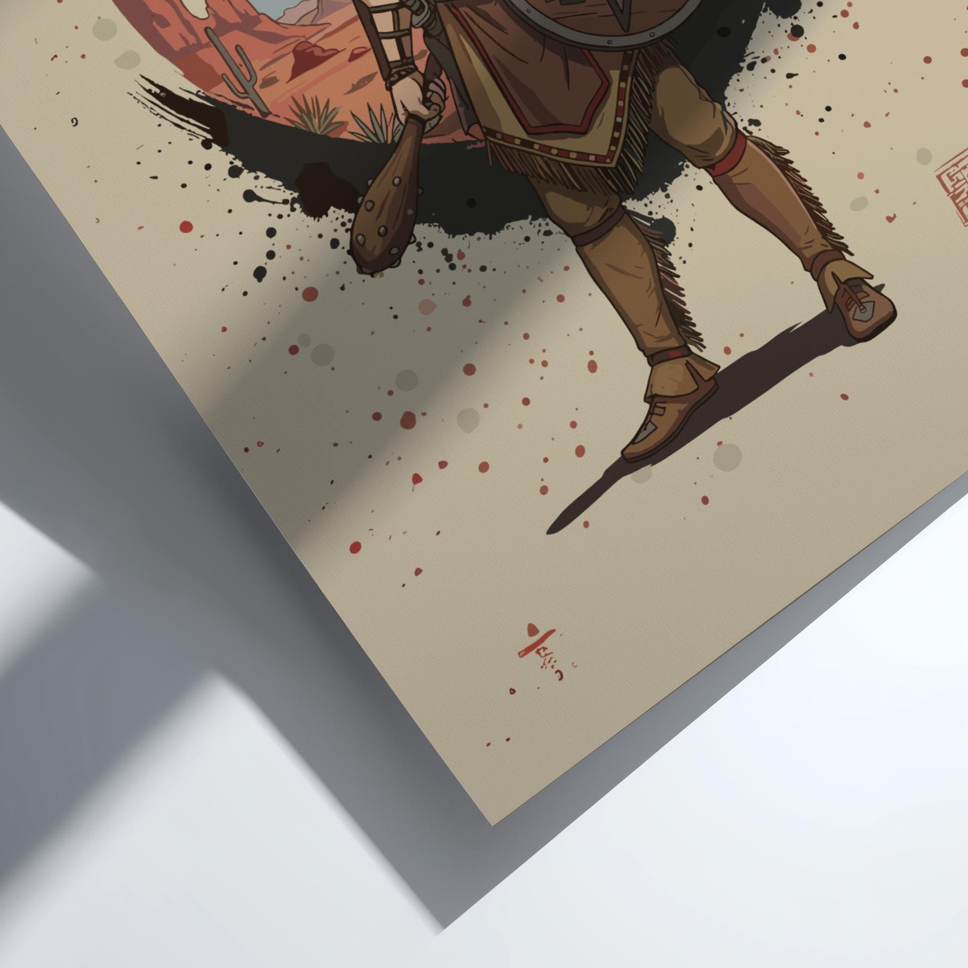 Apache Warrior Japanese Ink Art Print, Sumi-e Rising Sun Poster, Mixed Media Wall Decor