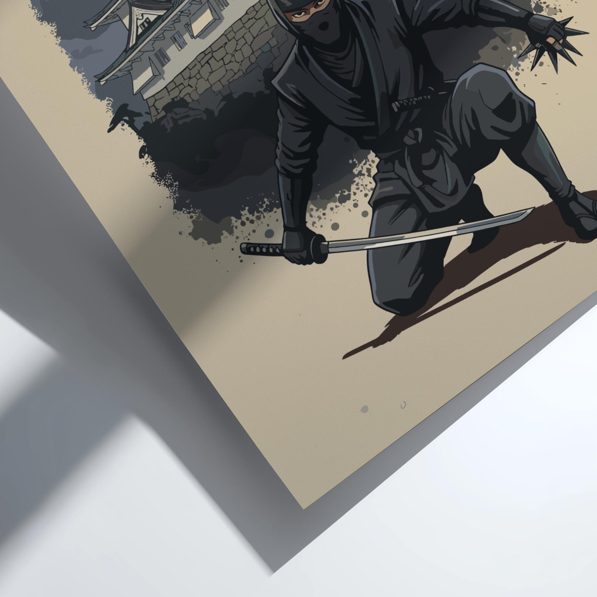 Ninja Assassin Japanese Ink Art Print, Sumi-e Rising Sun Poster, Mixed Media Warrior Decor