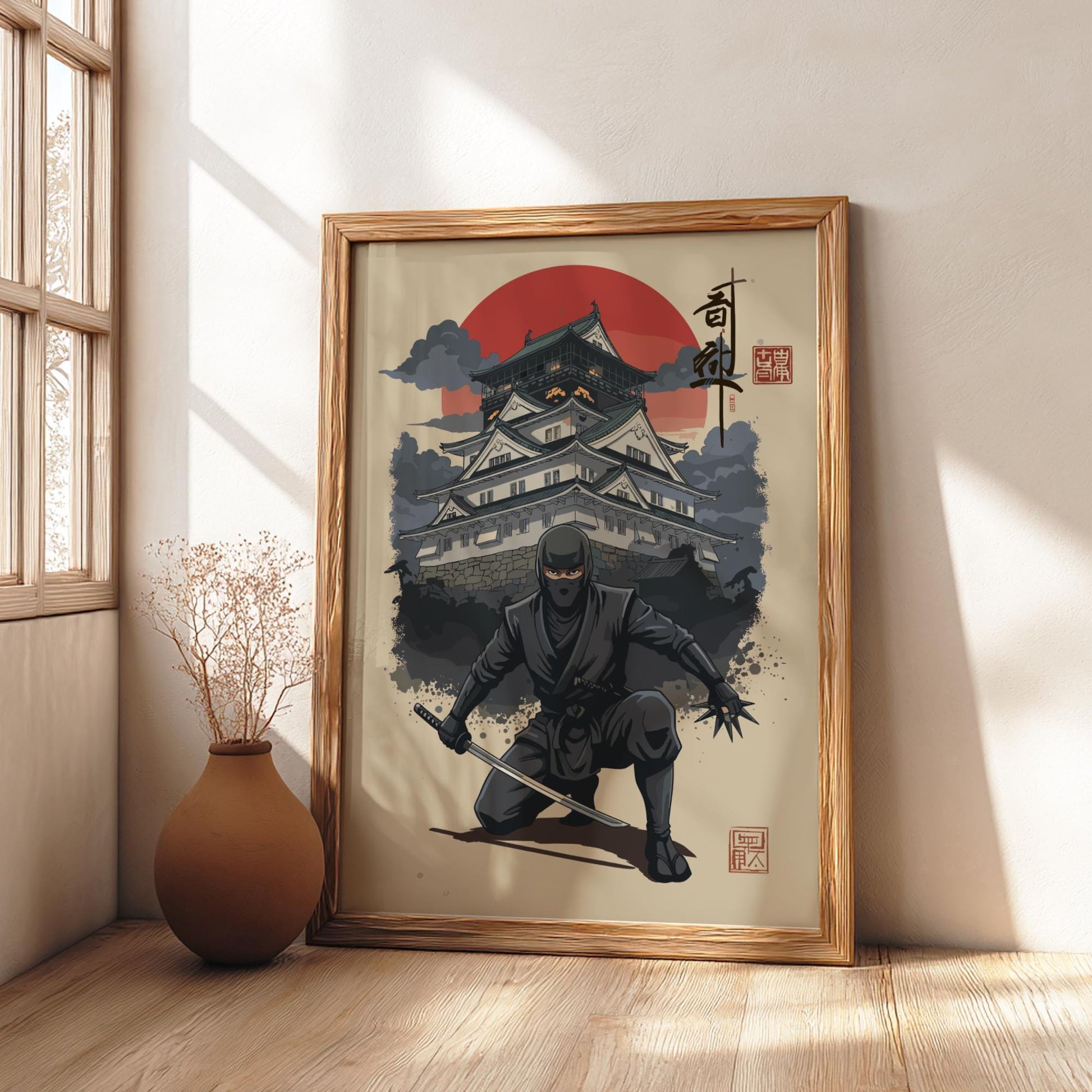 Ninja Assassin Japanese Ink Art Print, Sumi-e Rising Sun Poster, Mixed Media Warrior Decor