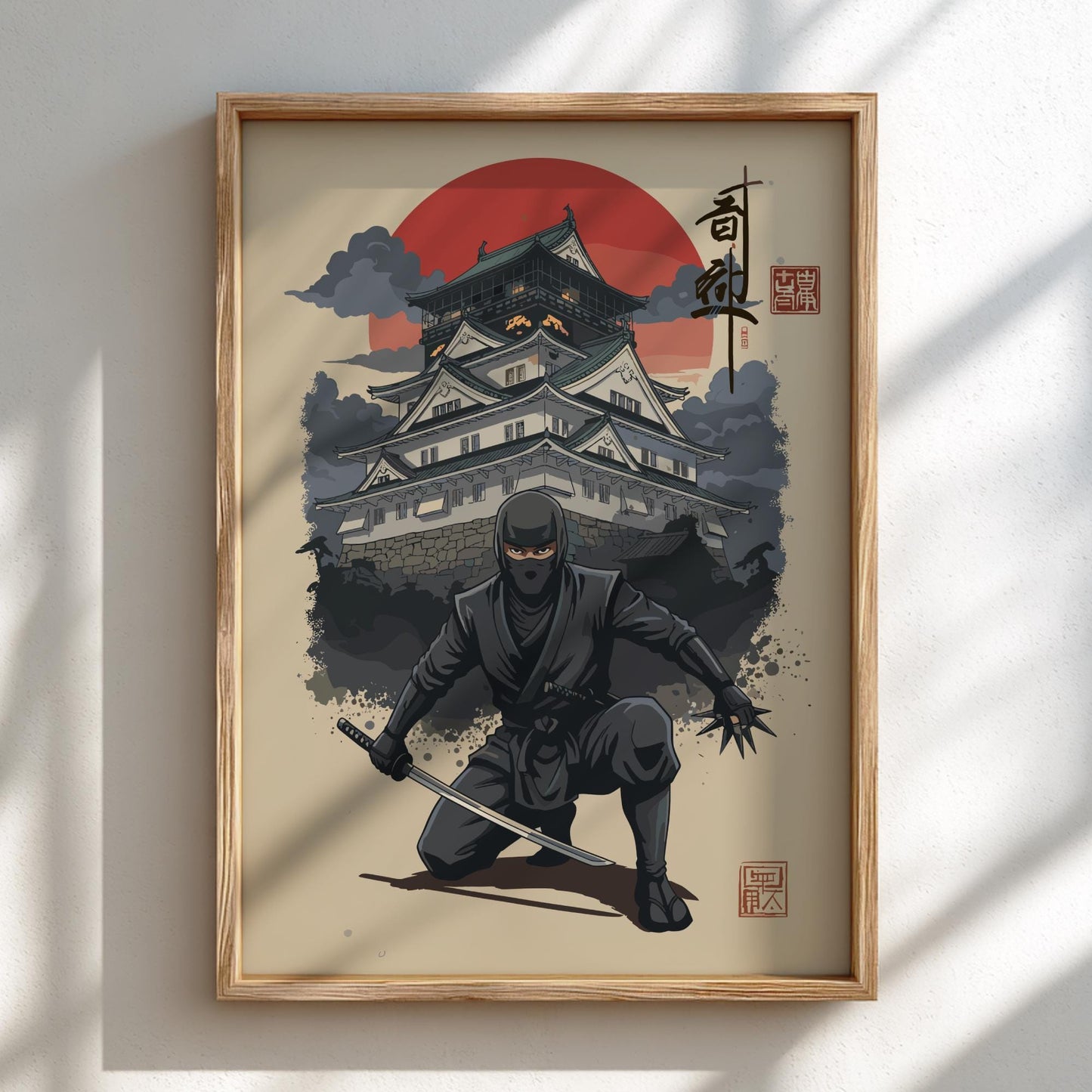 Ninja Assassin Japanese Ink Art Print, Sumi-e Rising Sun Poster, Mixed Media Warrior Decor