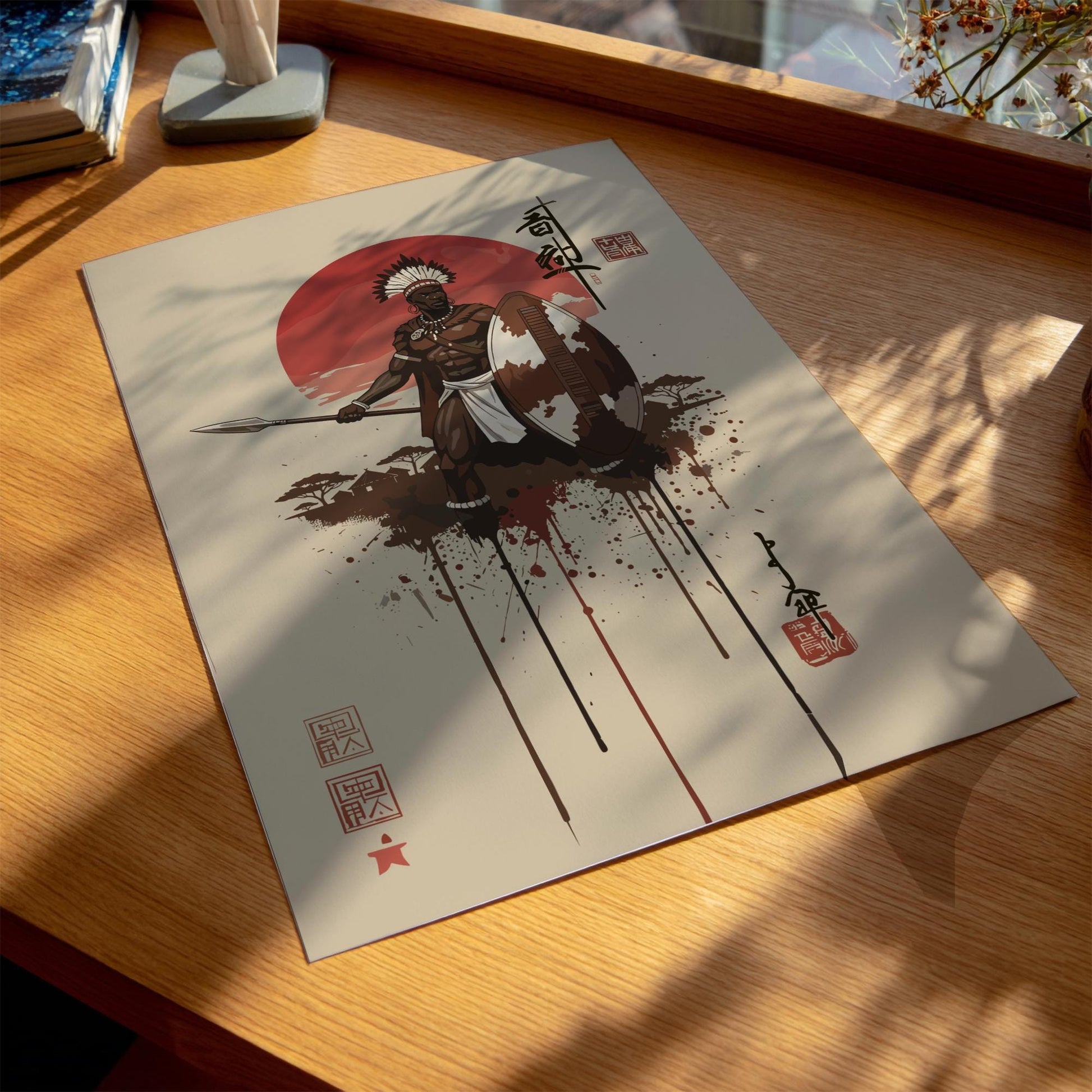 Zulu Warrior Japanese Ink Art Print, Sumi-e Rising Sun Poster, Mixed Media Wall Decor