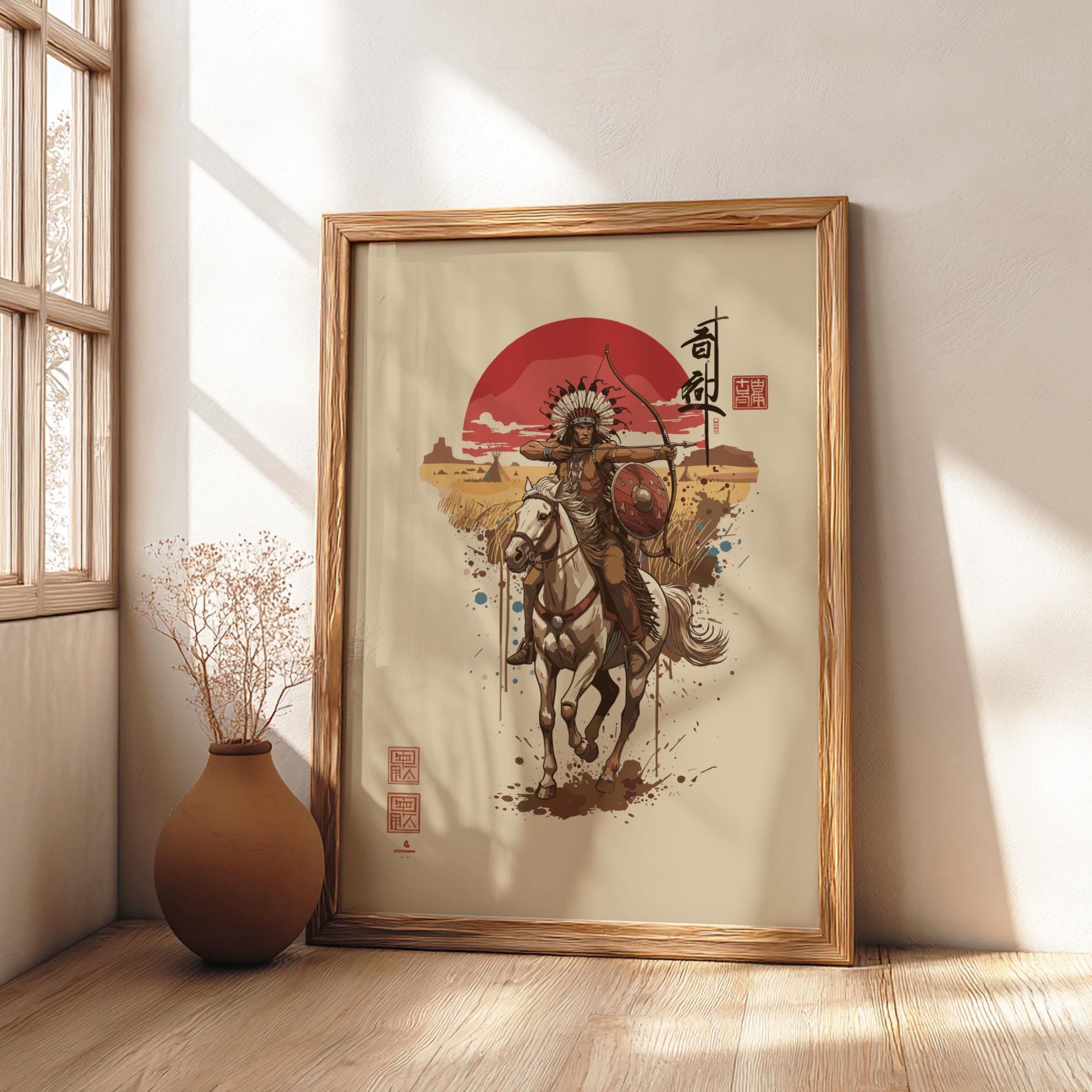 Native American Warrior Japanese Ink Art Print, Sumi-e Rising Sun Poster, Mixed Media Wall Decor
