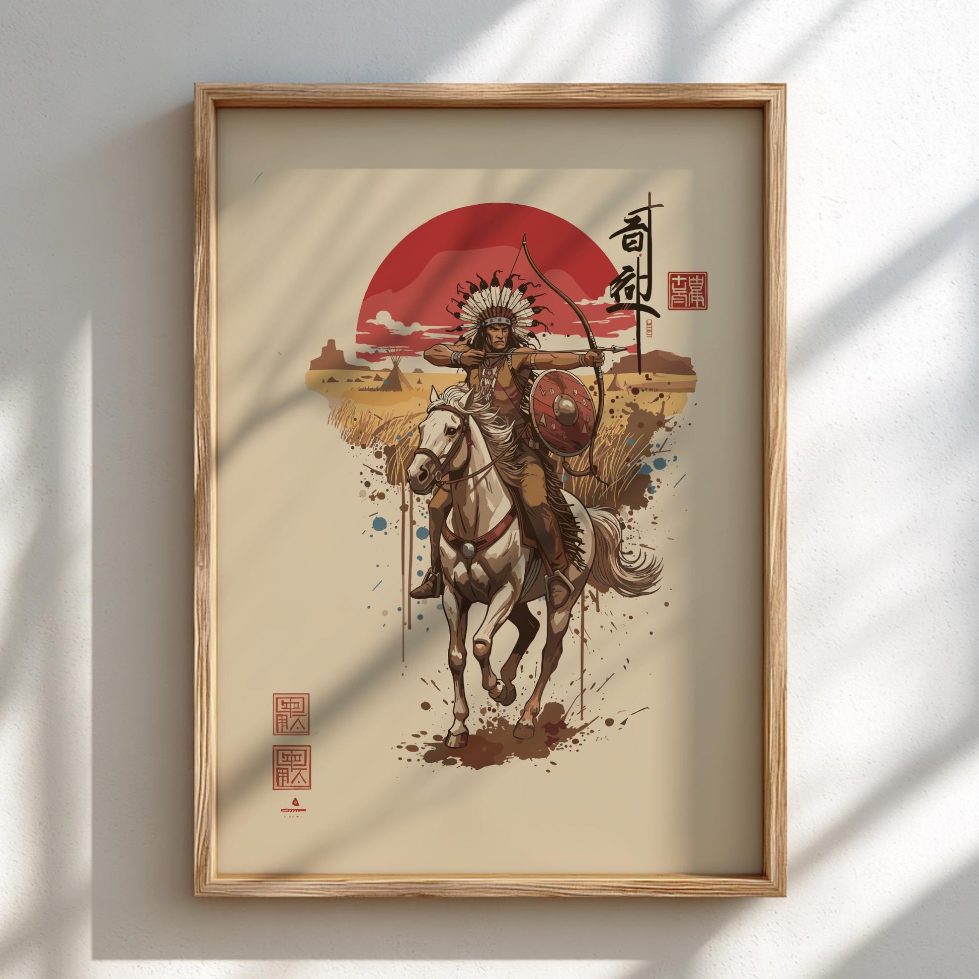 Native American Warrior Japanese Ink Art Print, Sumi-e Rising Sun Poster, Mixed Media Wall Decor