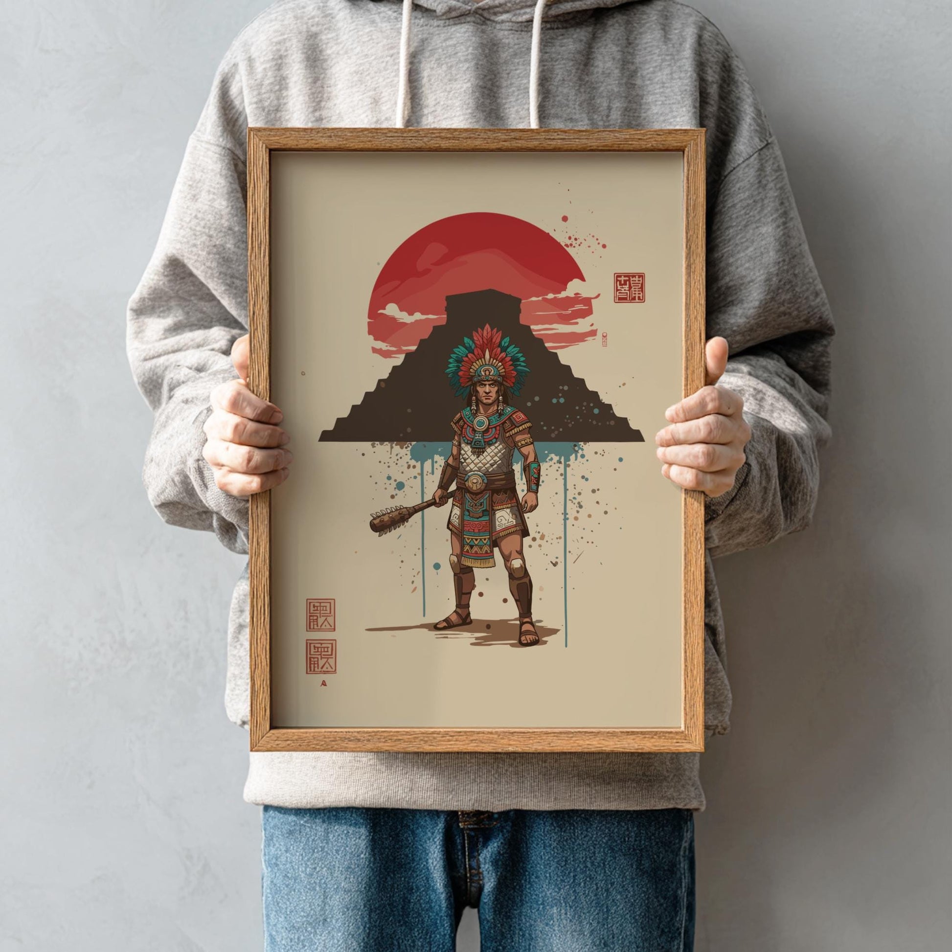 Aztec Warrior Japanese Ink Art Print, Sumi-e Rising Sun Poster, Mixed Media Wall Decor