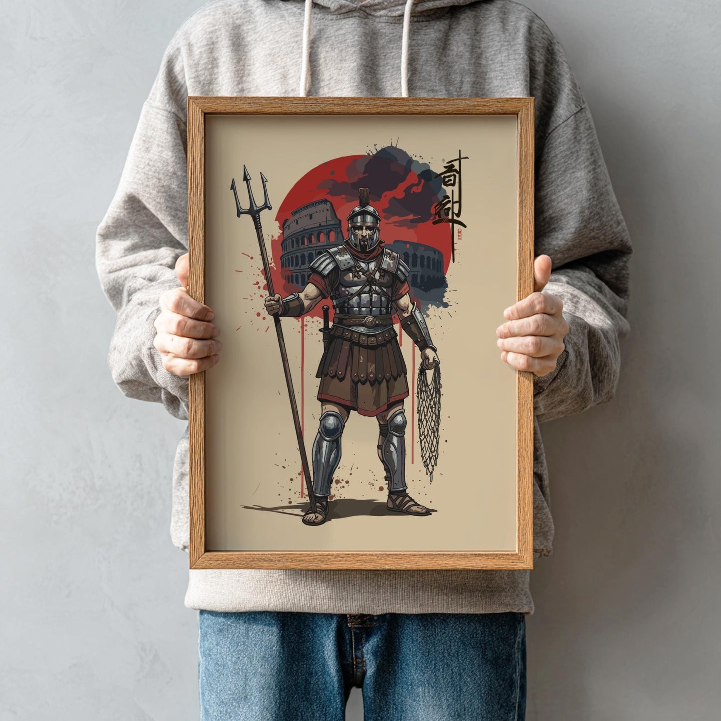 Roman Gladiator Japanese Ink Art Print, Sumi-e Rising Sun Poster, Mixed Media Warrior Decor