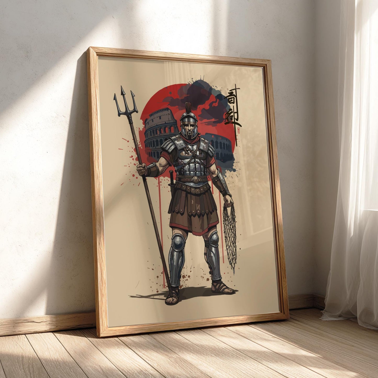 Roman Gladiator Japanese Ink Art Print, Sumi-e Rising Sun Poster, Mixed Media Warrior Decor