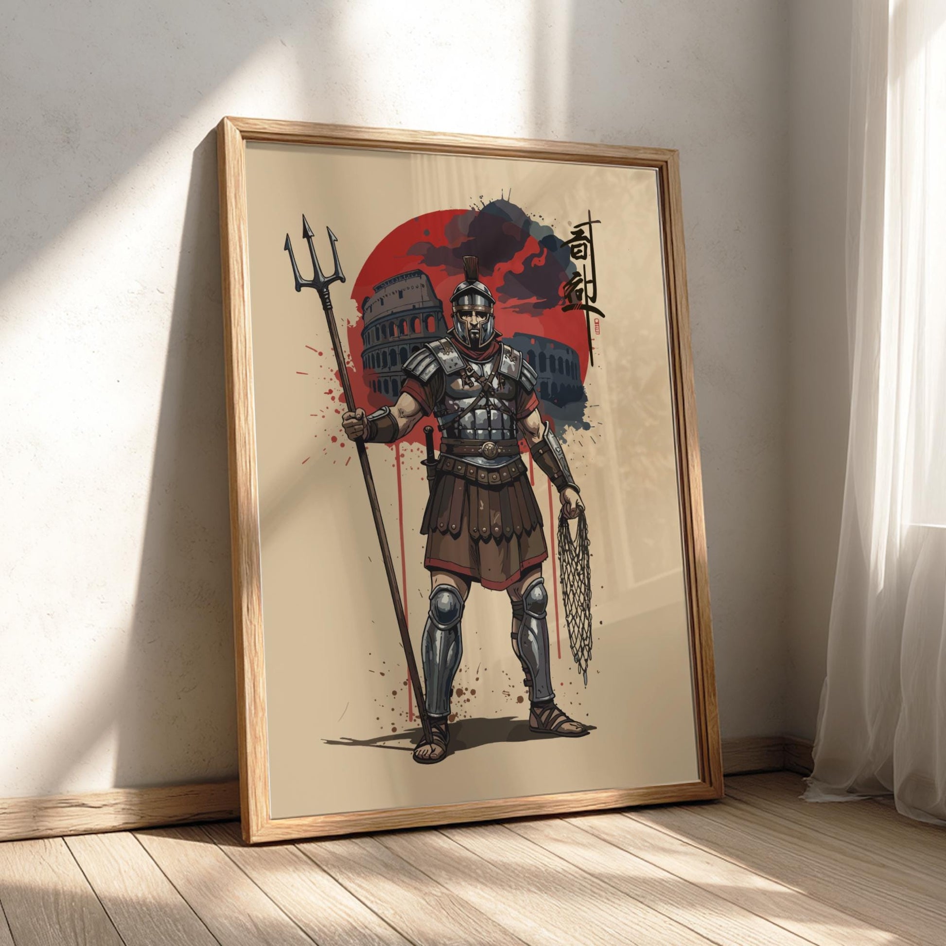 Roman Gladiator Japanese Ink Art Print, Sumi-e Rising Sun Poster, Mixed Media Warrior Decor