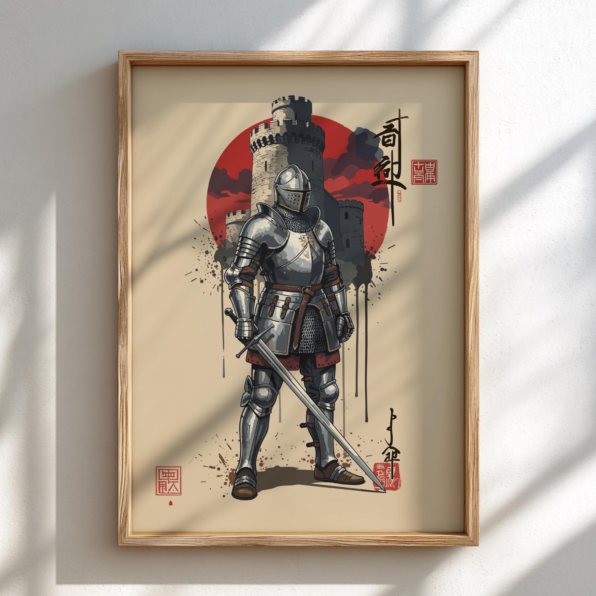 Medieval Knight Japanese Ink Art Print, Sumi-e Rising Sun Poster, Mixed Media Warrior Decor