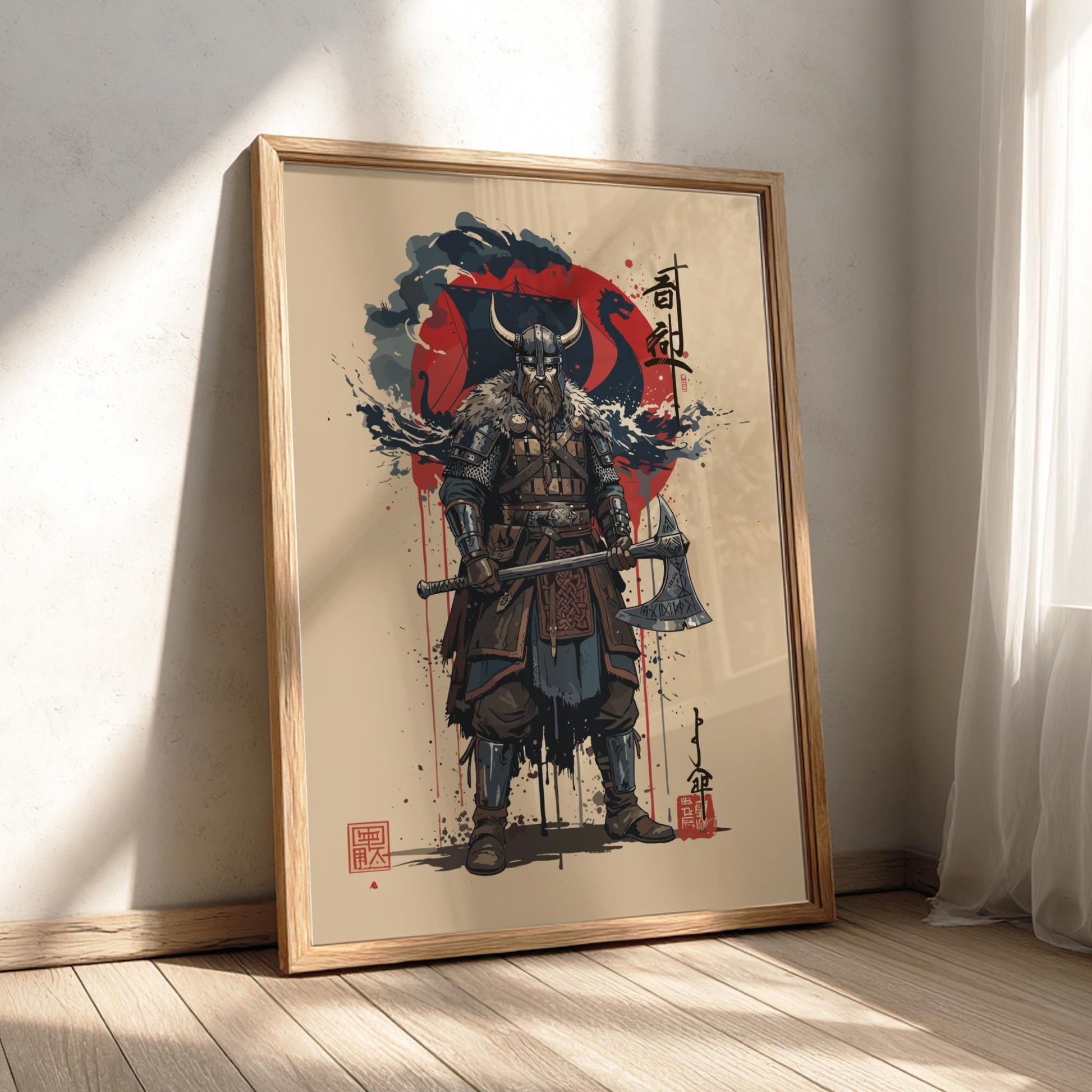 Viking Warrior Japanese Ink Art Print, Sumi-e Rising Sun Poster, Mixed Media Wall Decor