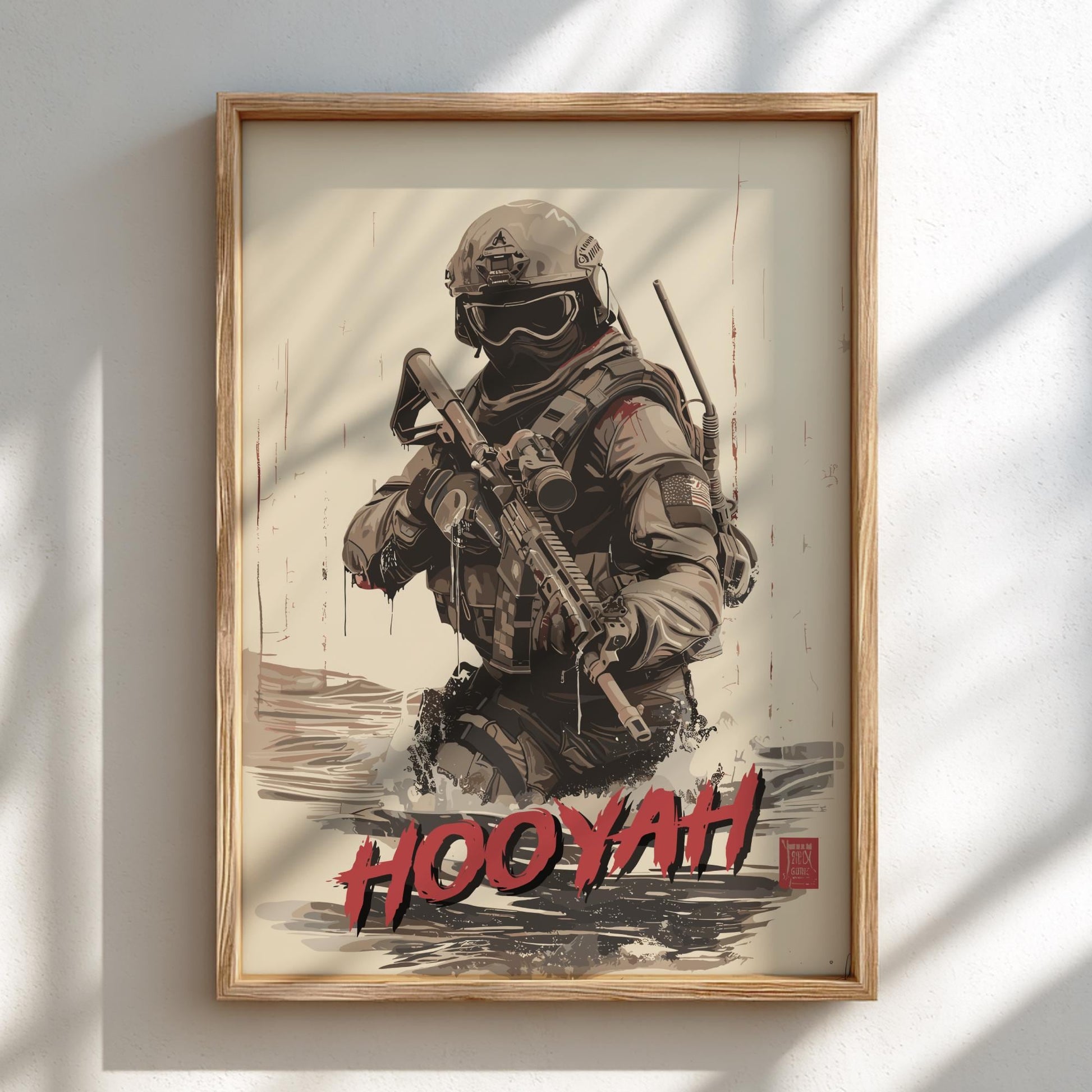 Navy SEAL Japanese Ink Art Print, Sumi-e Rising Sun Poster, Mixed Media Warrior Decor