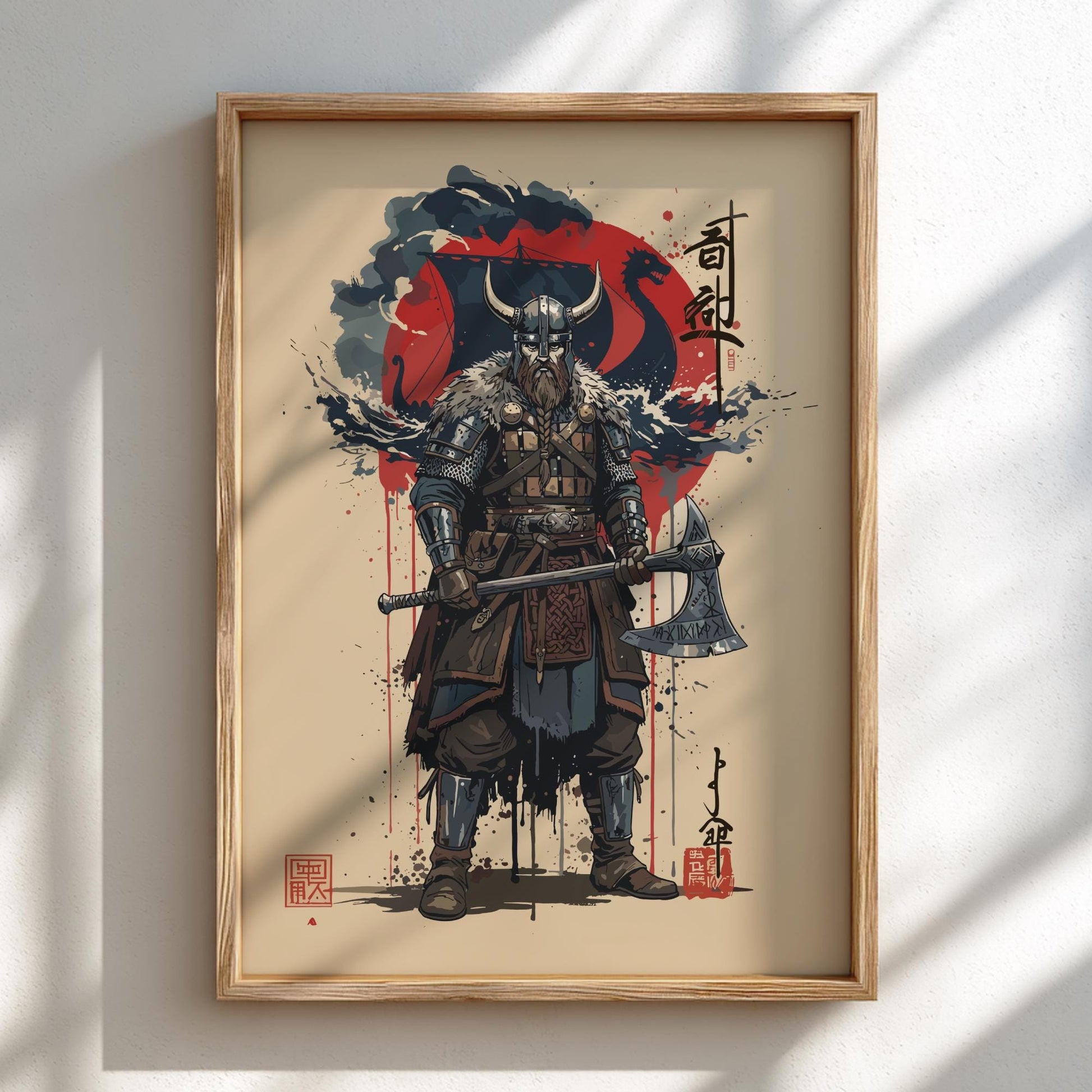 Viking Warrior Japanese Ink Art Print, Sumi-e Rising Sun Poster, Mixed Media Wall Decor
