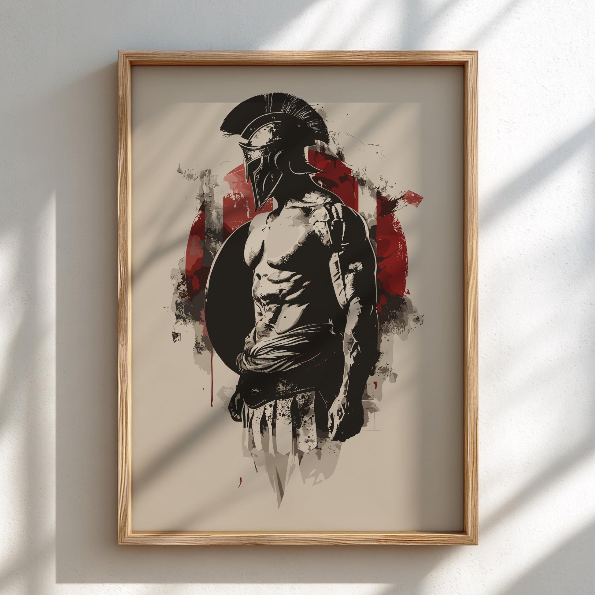 Spartan Warrior Japanese Ink Art Print, Sumi-e Rising Sun Poster, Mixed Media Wall Decor