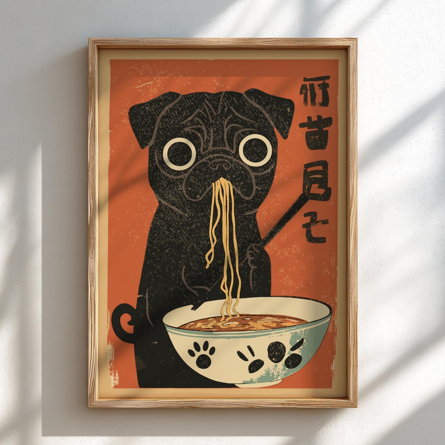 Hungry Black Pug Ramen Poster: Japanese Food Art Print