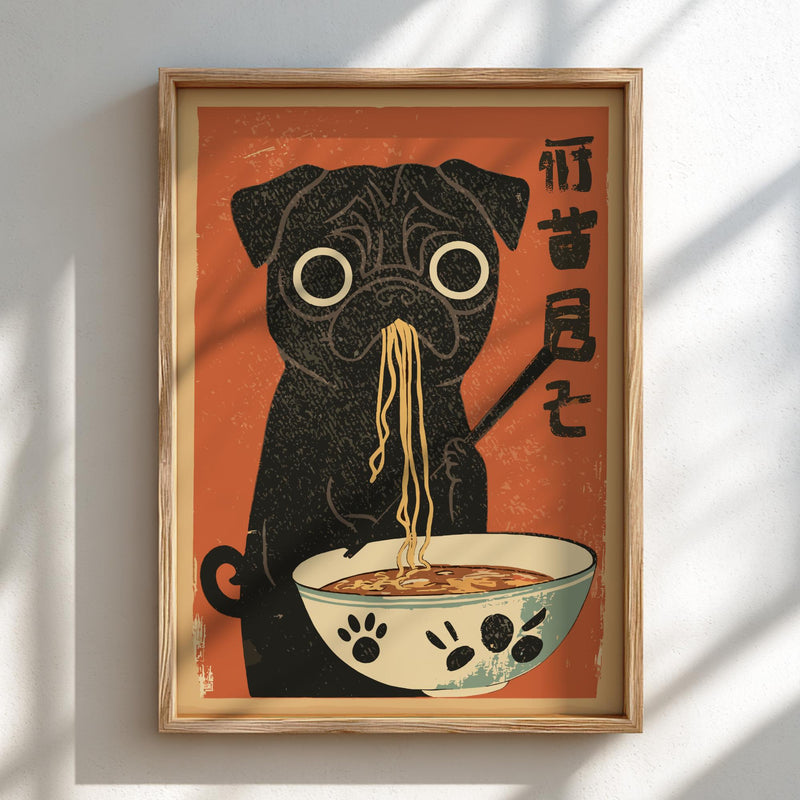 Hungry Black Pug Ramen Poster: Japanese Food Art Print