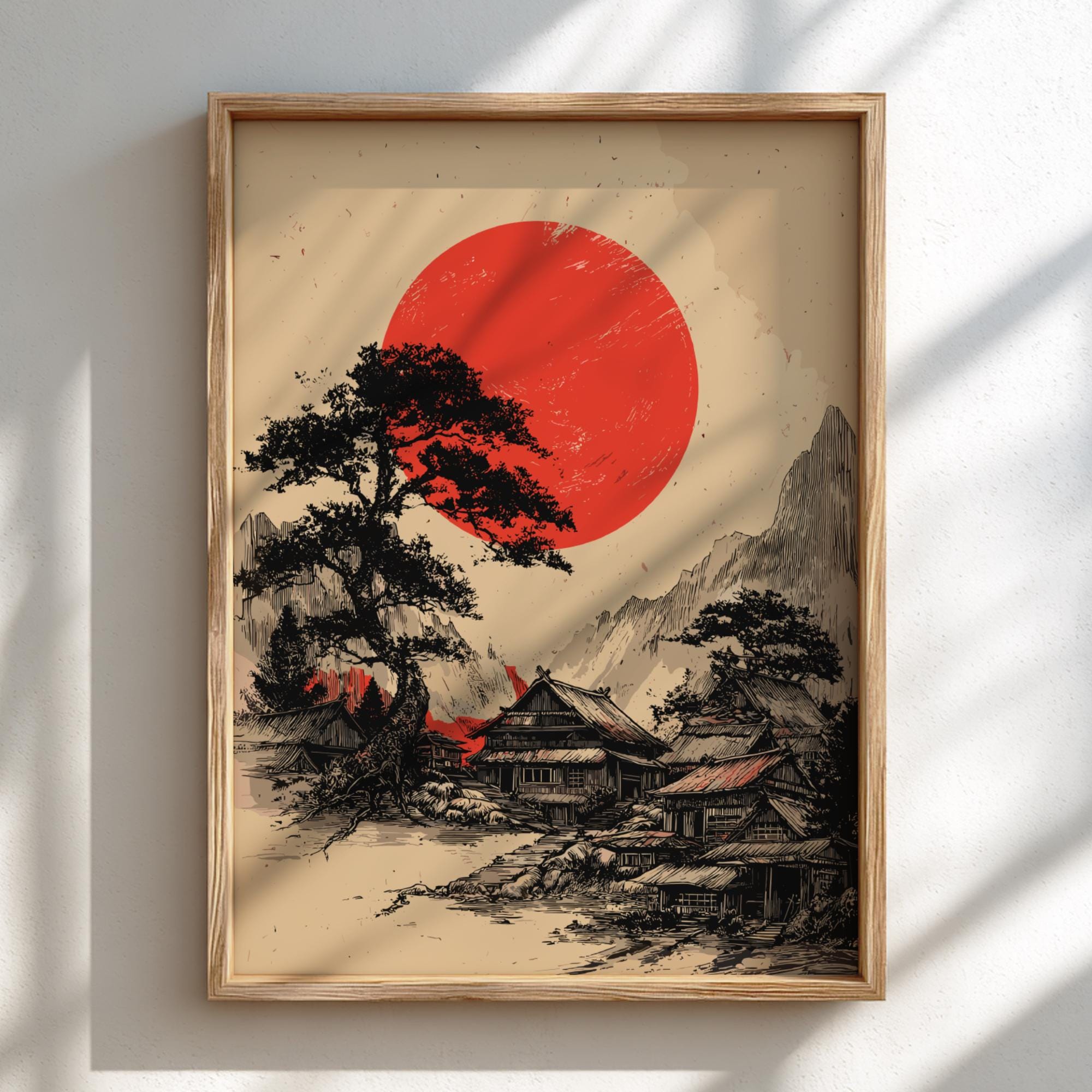 Japanese Landscape Art Print – Red Sun & Pine Tree Woodblock Style