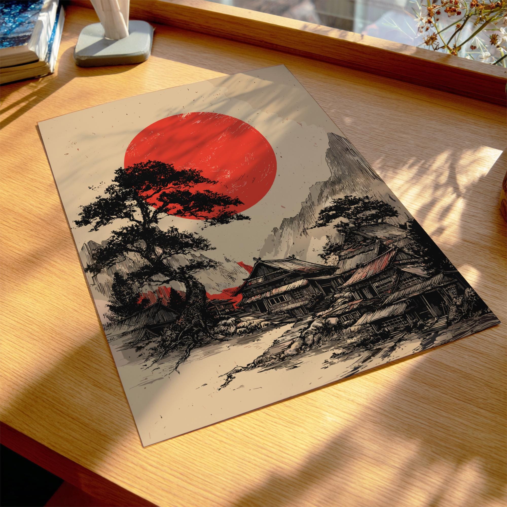 Japanese Landscape Art Print – Red Sun & Pine Tree Woodblock Style