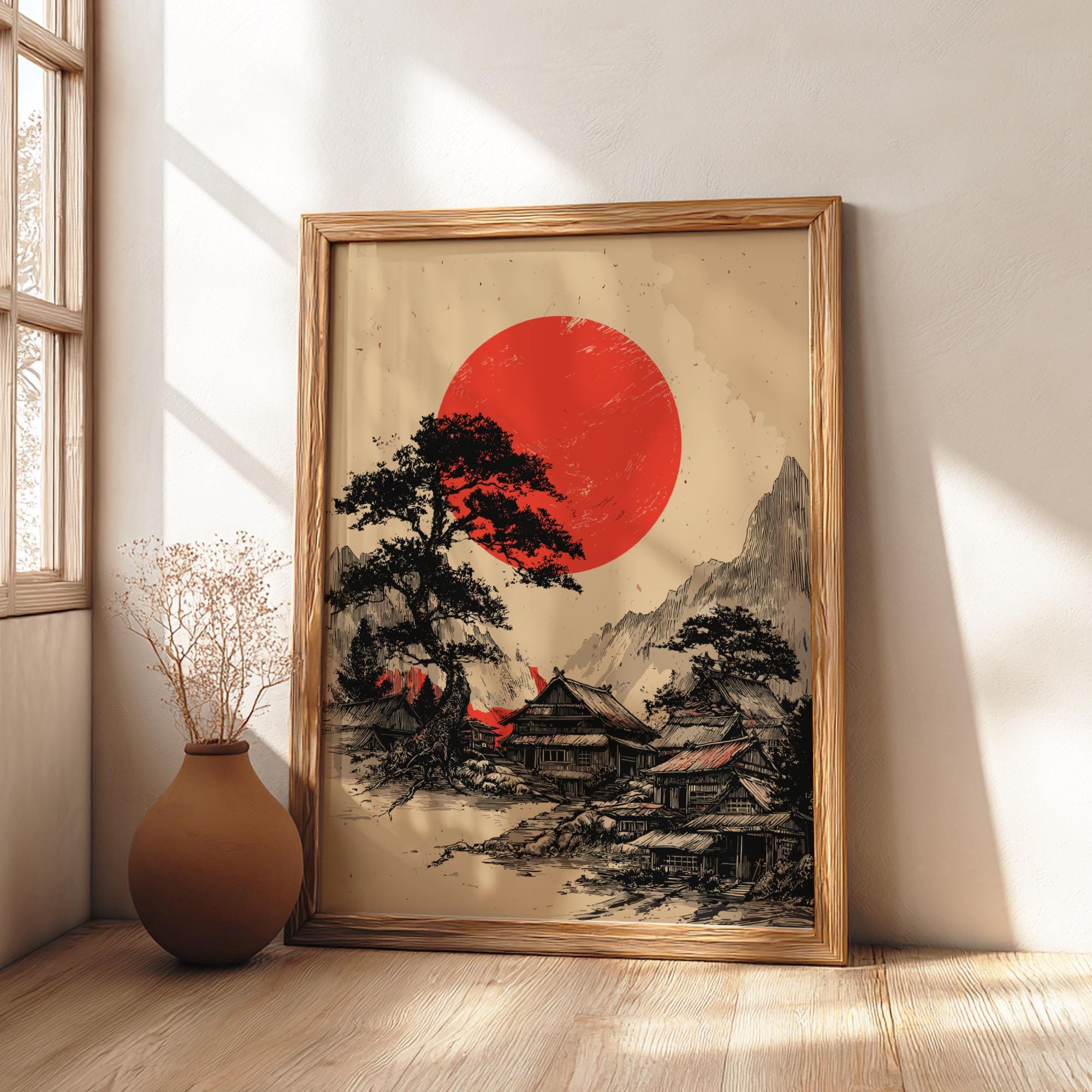 Japanese Landscape Art Print – Red Sun & Pine Tree Woodblock Style