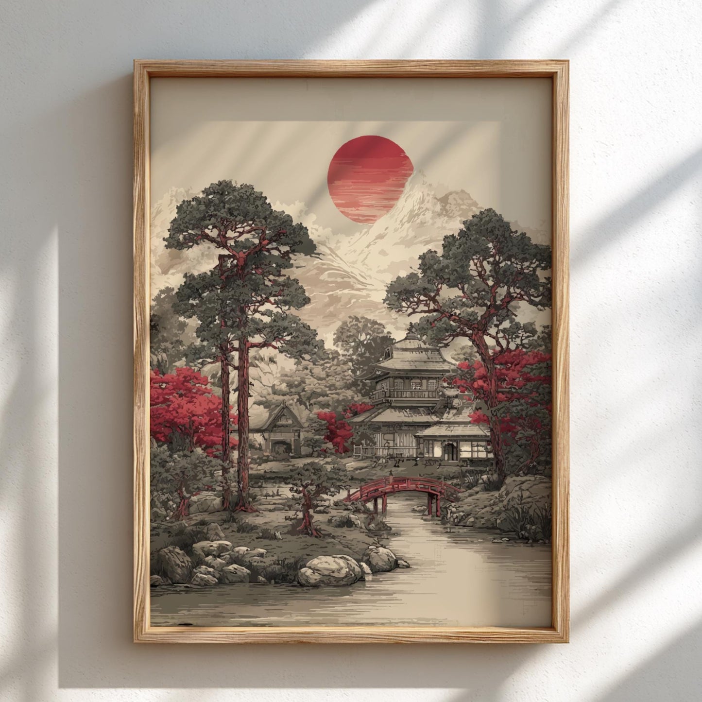 Japanese Garden Print: Sumi-e Red Bridge, Temple Art
