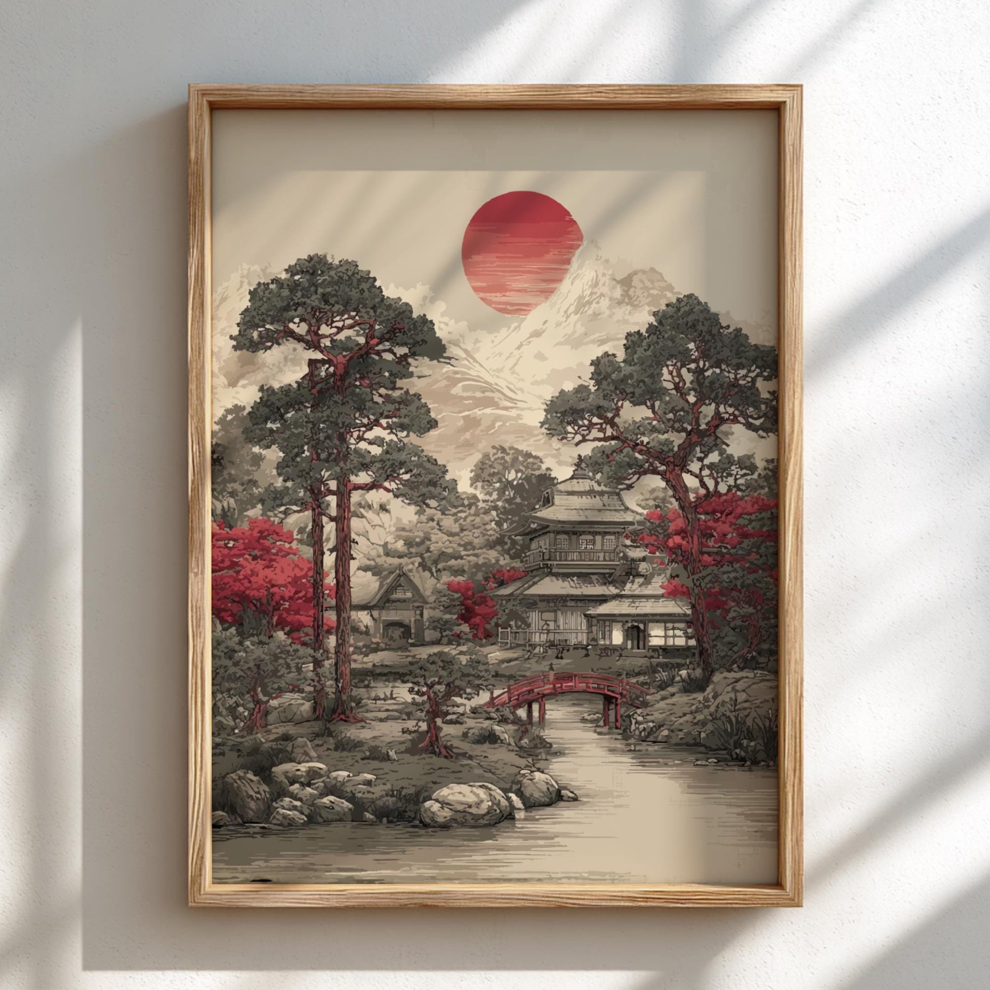 Japanese Garden Print: Sumi-e Red Bridge, Temple Art