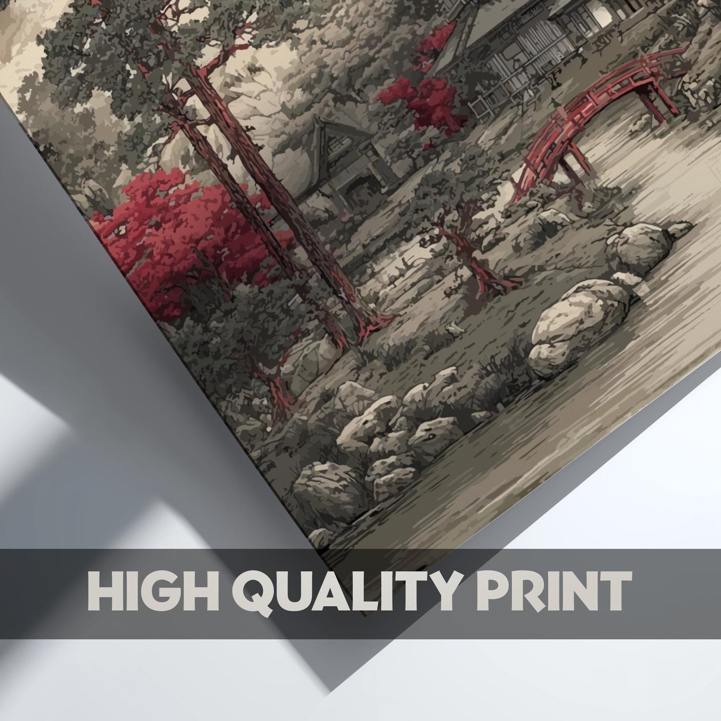 Japanese Garden Print: Sumi-e Red Bridge, Temple Art