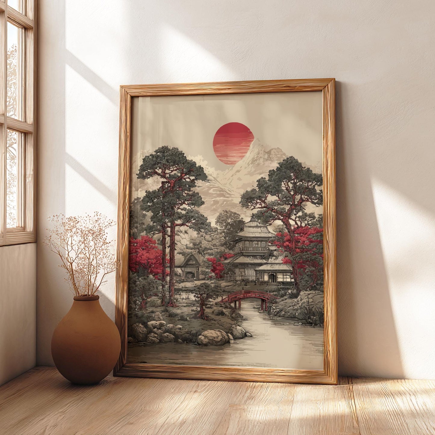 Japanese Garden Print: Sumi-e Red Bridge, Temple Art