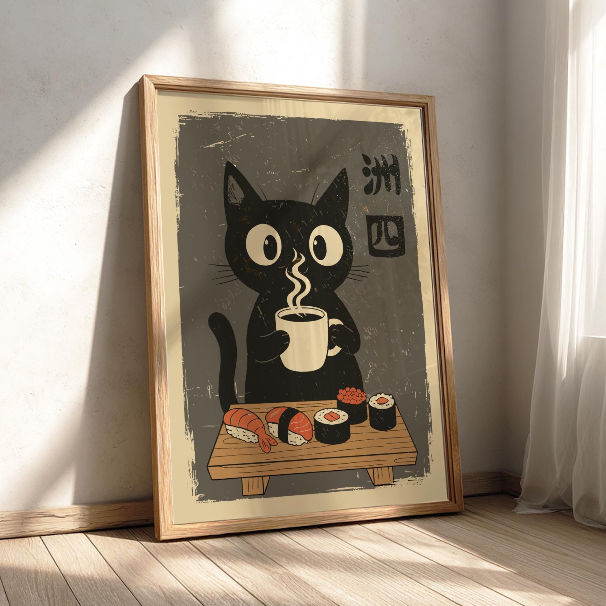 Japanese Ukiyo-e Black Cat Poster, Sushi Cat Art Print