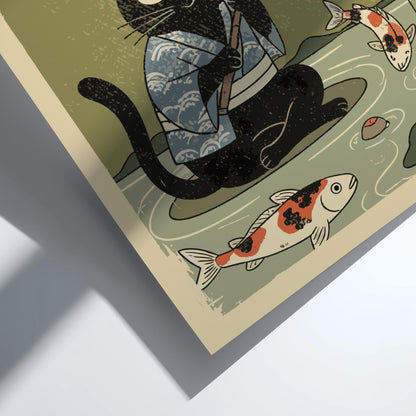 Cat Fishing Koi Print, Japanese Woodblock Style Poster