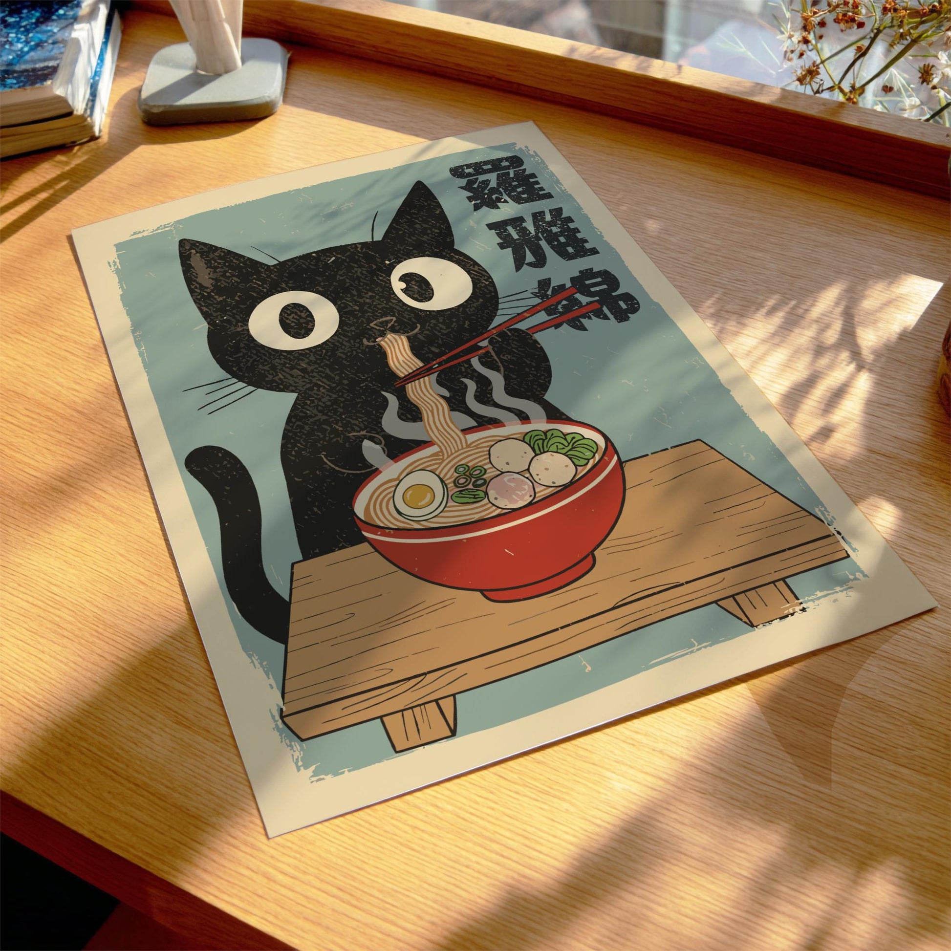 Ramen Cat Poster, Japanese Food Lover Art Print