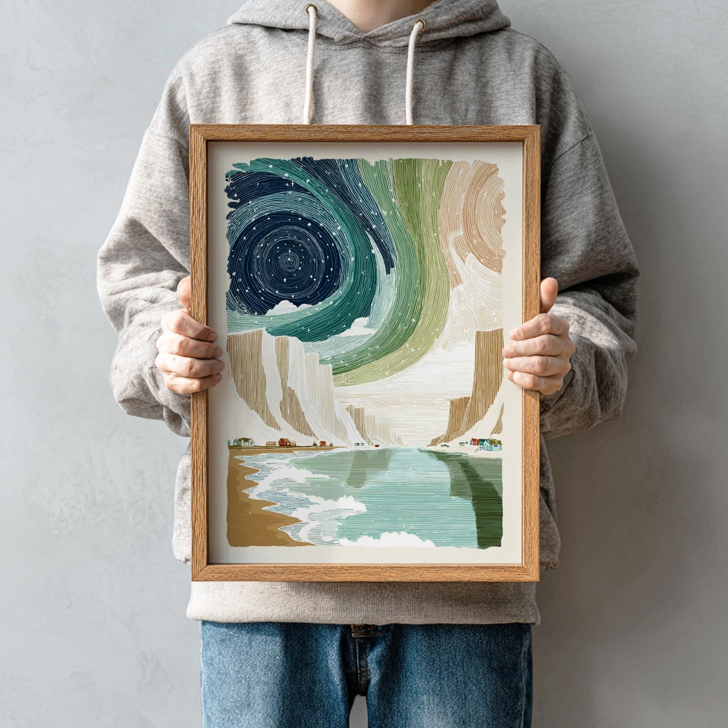 Cliffside Aurora Dance - Pastel Aurora Borealis Poster - Serene Nature Wall Decor Print