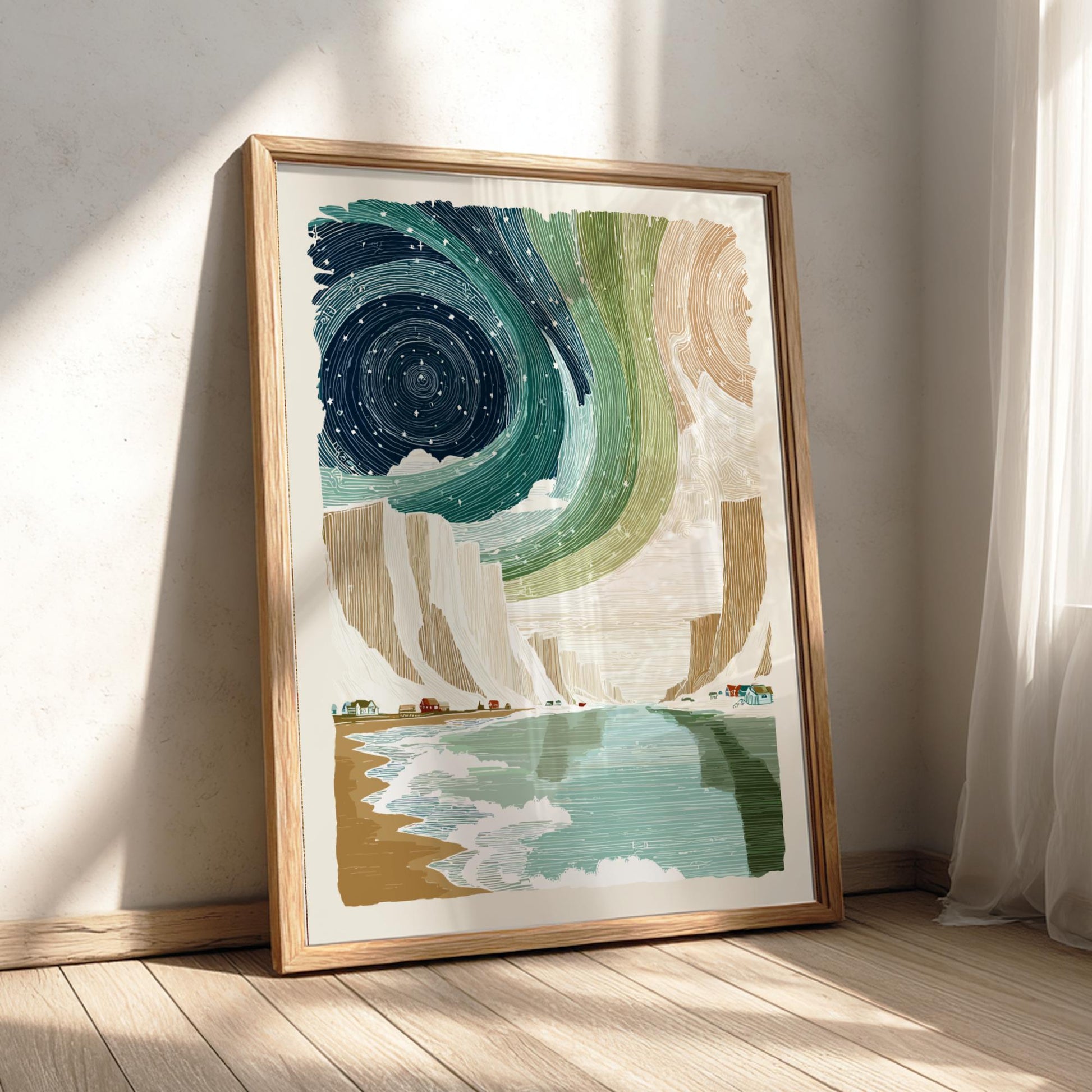 Cliffside Aurora Dance - Pastel Aurora Borealis Poster - Serene Nature Wall Decor Print