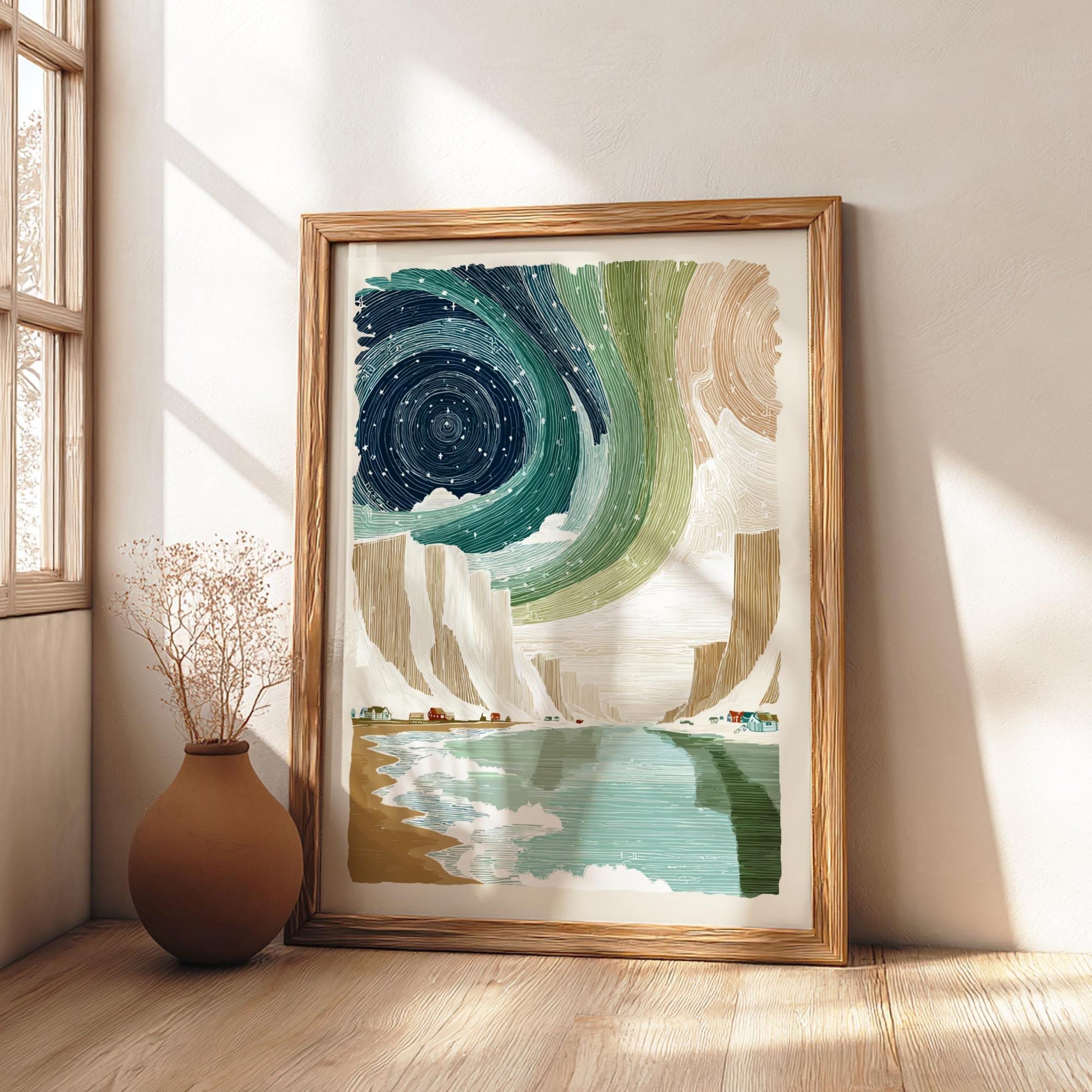 Cliffside Aurora Dance - Pastel Aurora Borealis Poster - Serene Nature Wall Decor Print