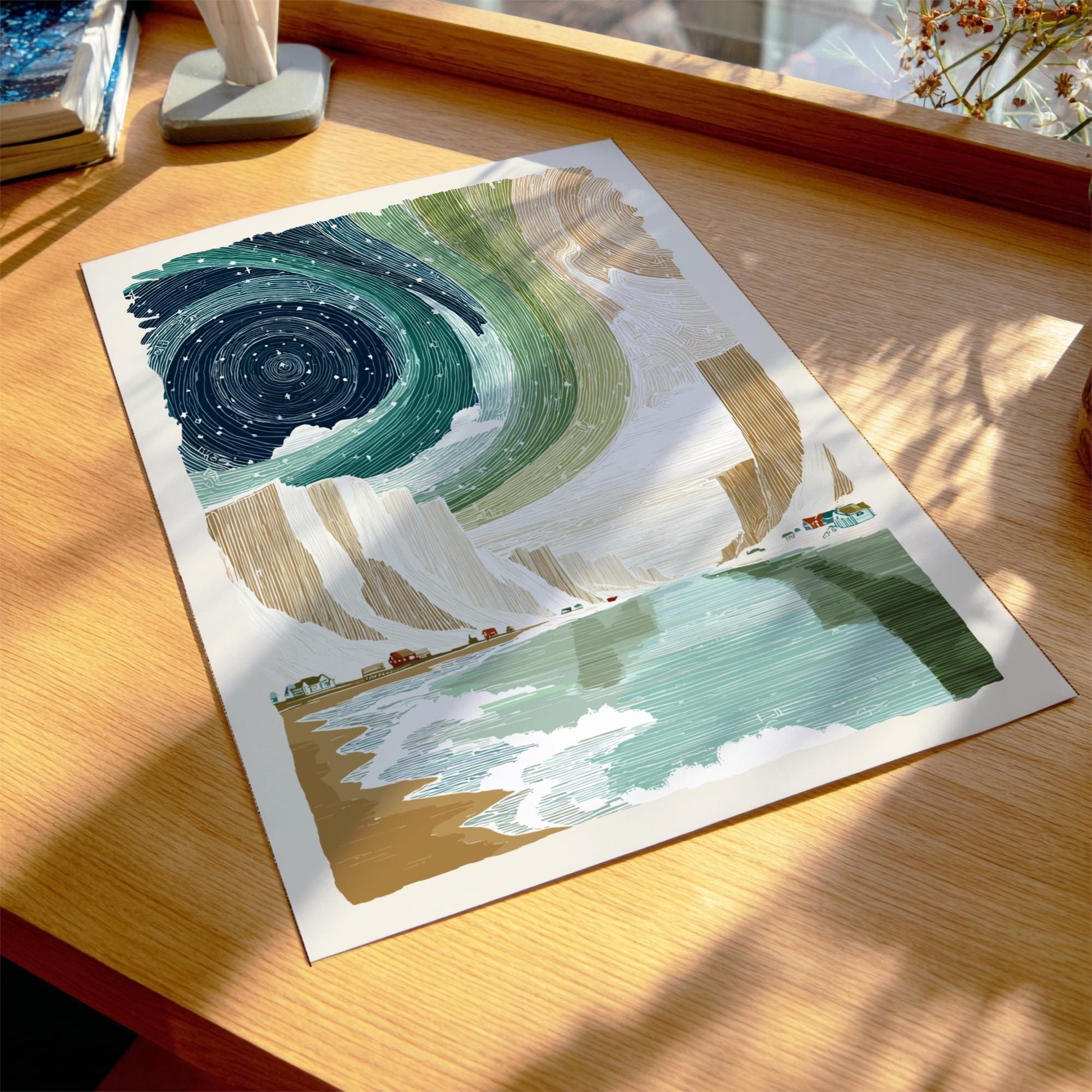 Cliffside Aurora Dance - Pastel Aurora Borealis Poster - Serene Nature Wall Decor Print