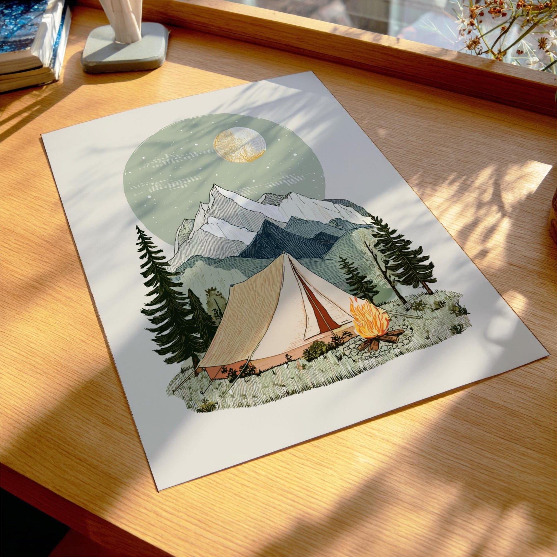 Campfire Horizon Glow - Pastel Camping Poster - Serene Nature Wall Decor Print