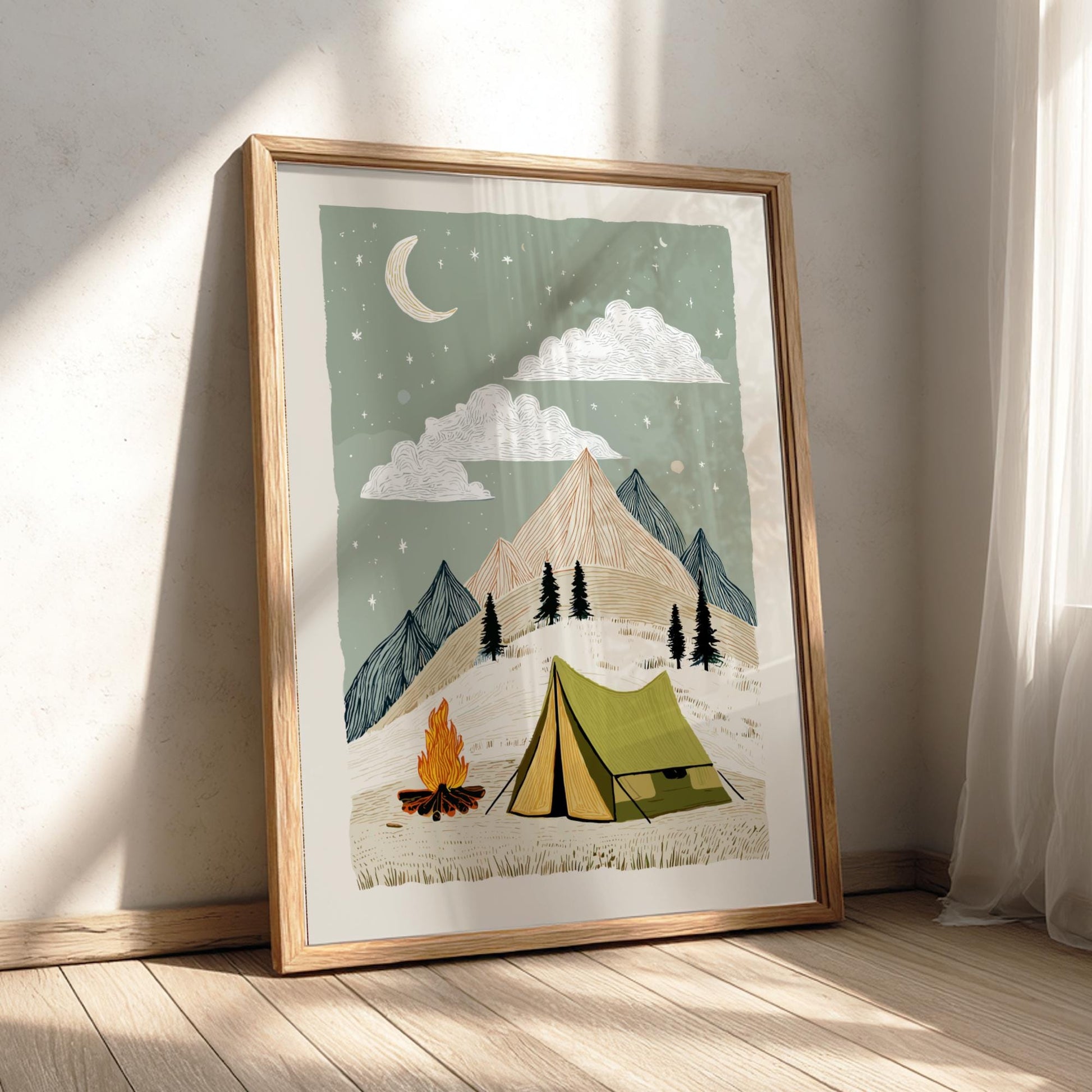 Camp Under the Moon - Pastel Camping Poster - Serene Nature Wall Decor Print
