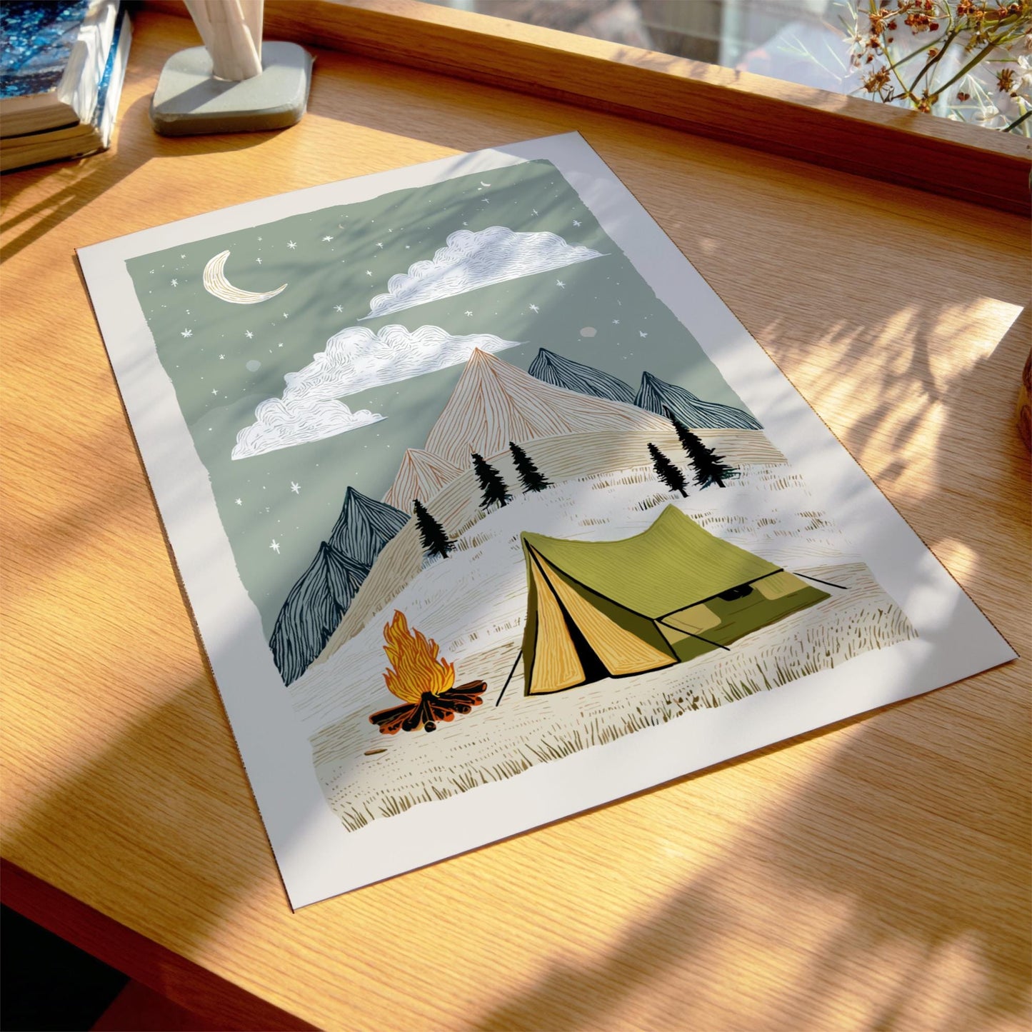 Camp Under the Moon - Pastel Camping Poster - Serene Nature Wall Decor Print