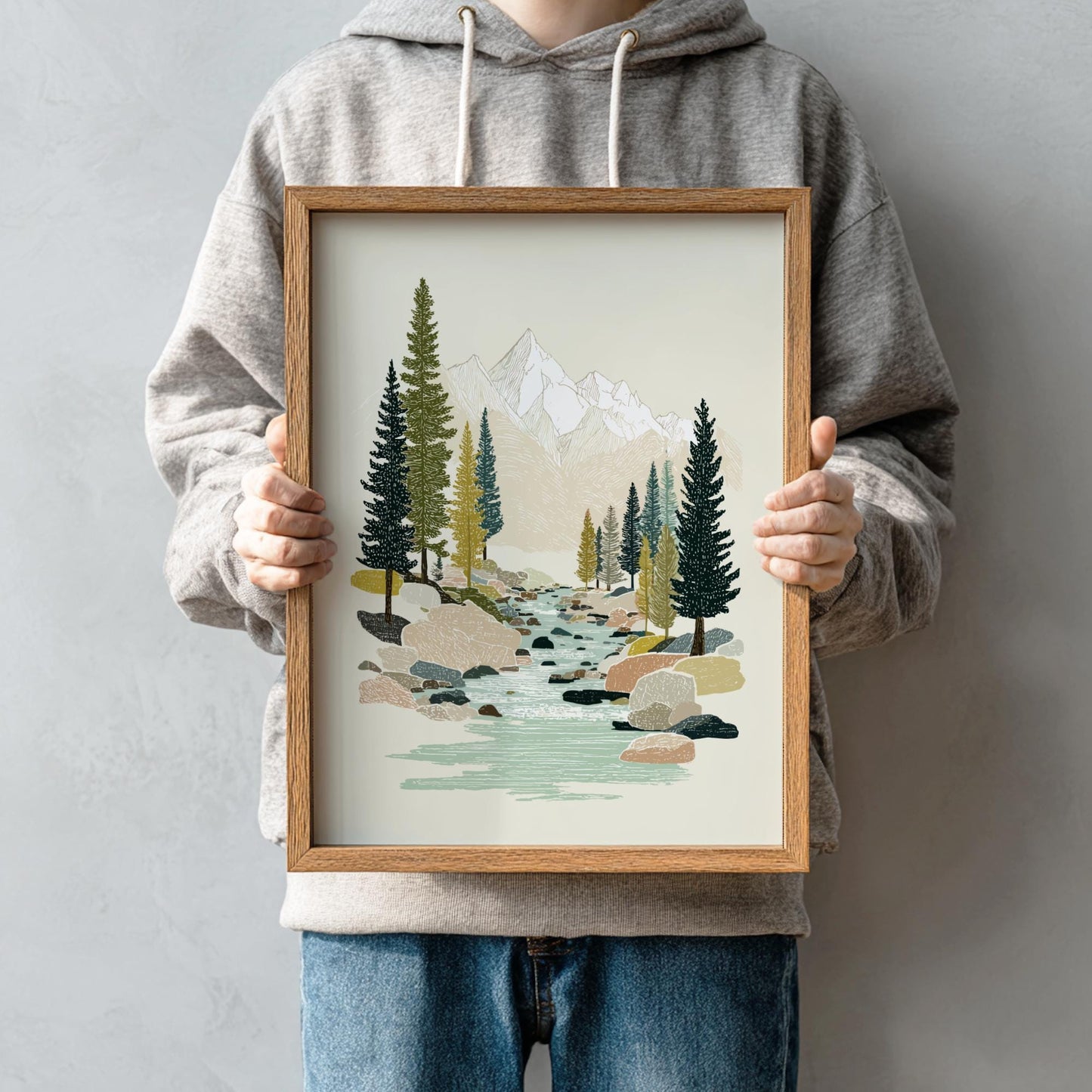 Brookside Pines - Pastel Pine Forest Creek Poster - Serene Nature Wall Decor Print