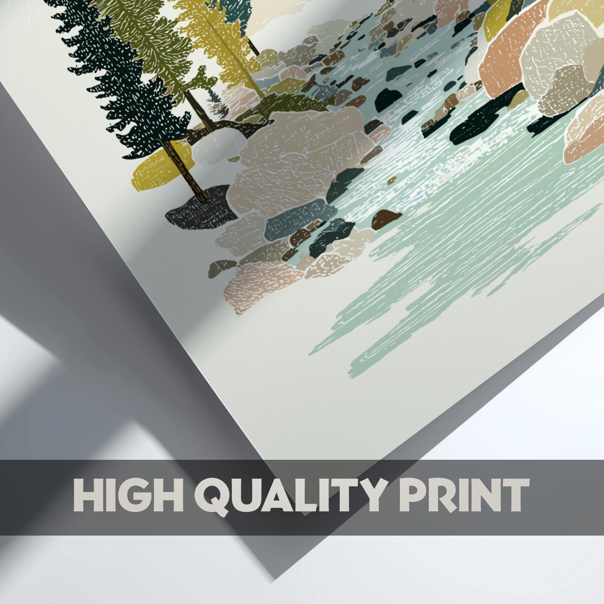 Brookside Pines - Pastel Pine Forest Creek Poster - Serene Nature Wall Decor Print
