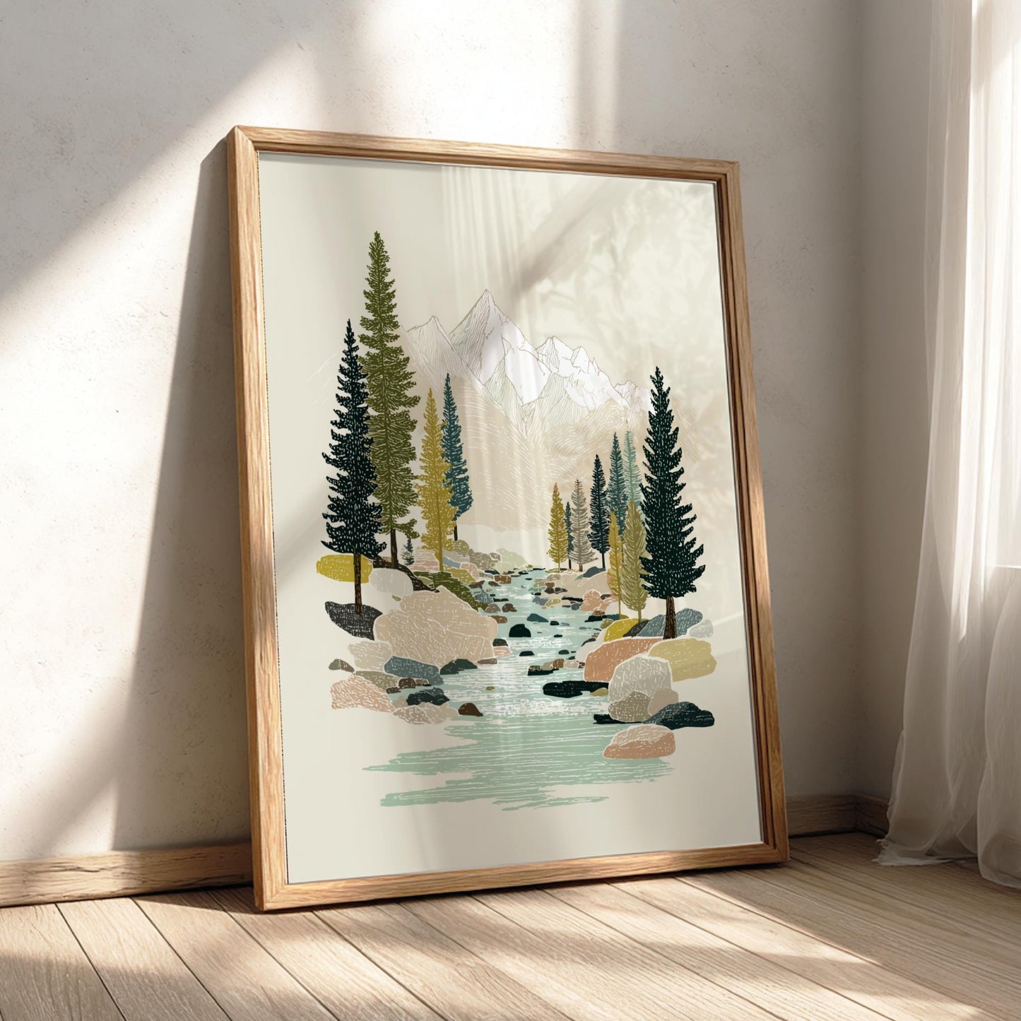 Brookside Pines - Pastel Pine Forest Creek Poster - Serene Nature Wall Decor Print