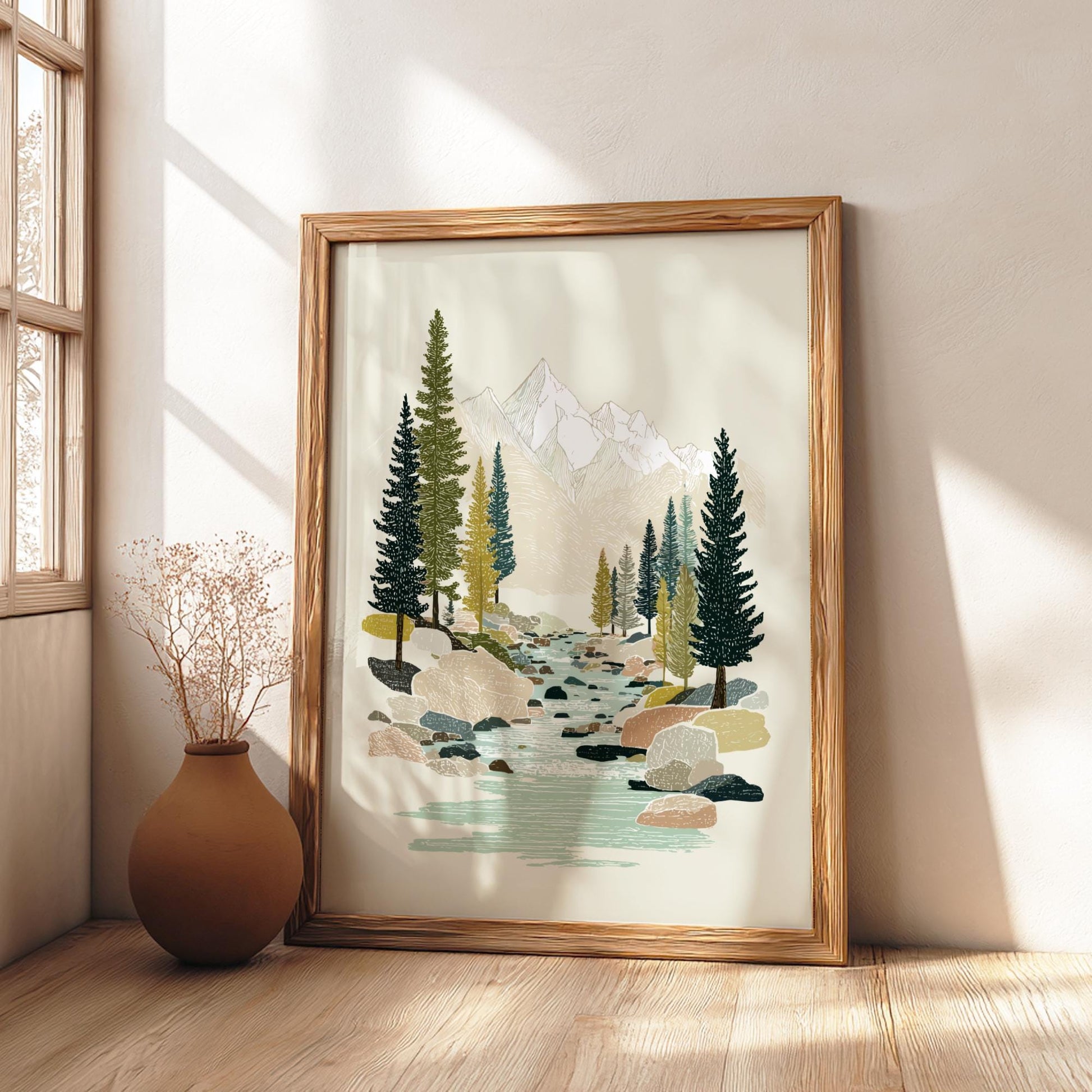 Brookside Pines - Pastel Pine Forest Creek Poster - Serene Nature Wall Decor Print
