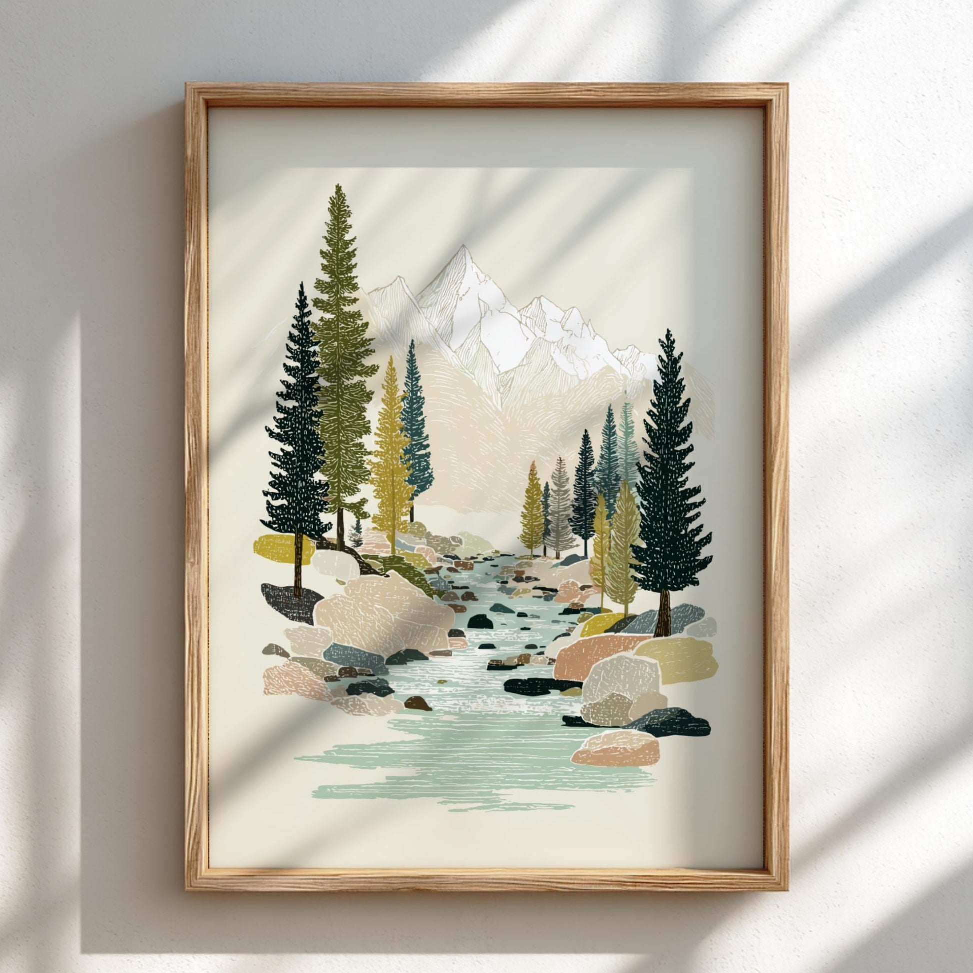 Brookside Pines - Pastel Pine Forest Creek Poster - Serene Nature Wall Decor Print
