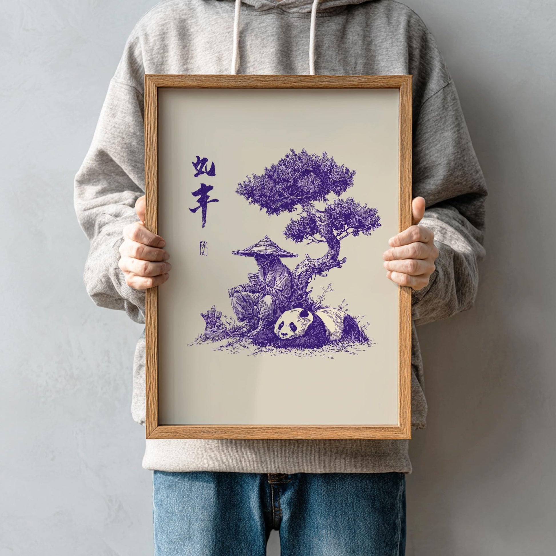 Zen Panda Reflection Art Print | Japanese Style Ink Wash Poster | &#39;Like the Years&#39; Kanji Wall Decor | Minimalist Kasa Hat Traveler