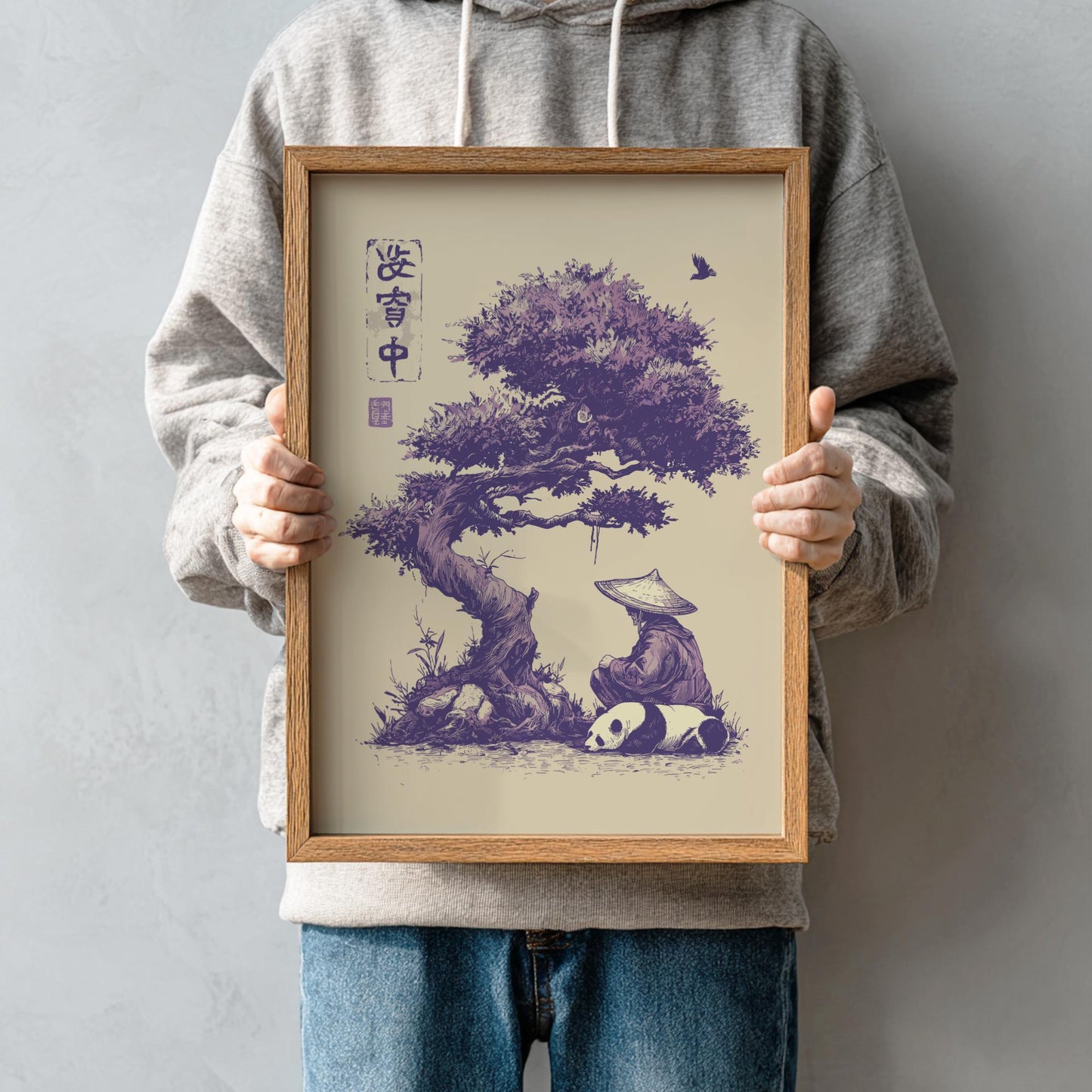 Meditative Panda & Monk Art Print | Japanese Style Ink Sketch | &#39;In Peace&#39; Kanji Wall Decor | Tranquil Zen Home Decor