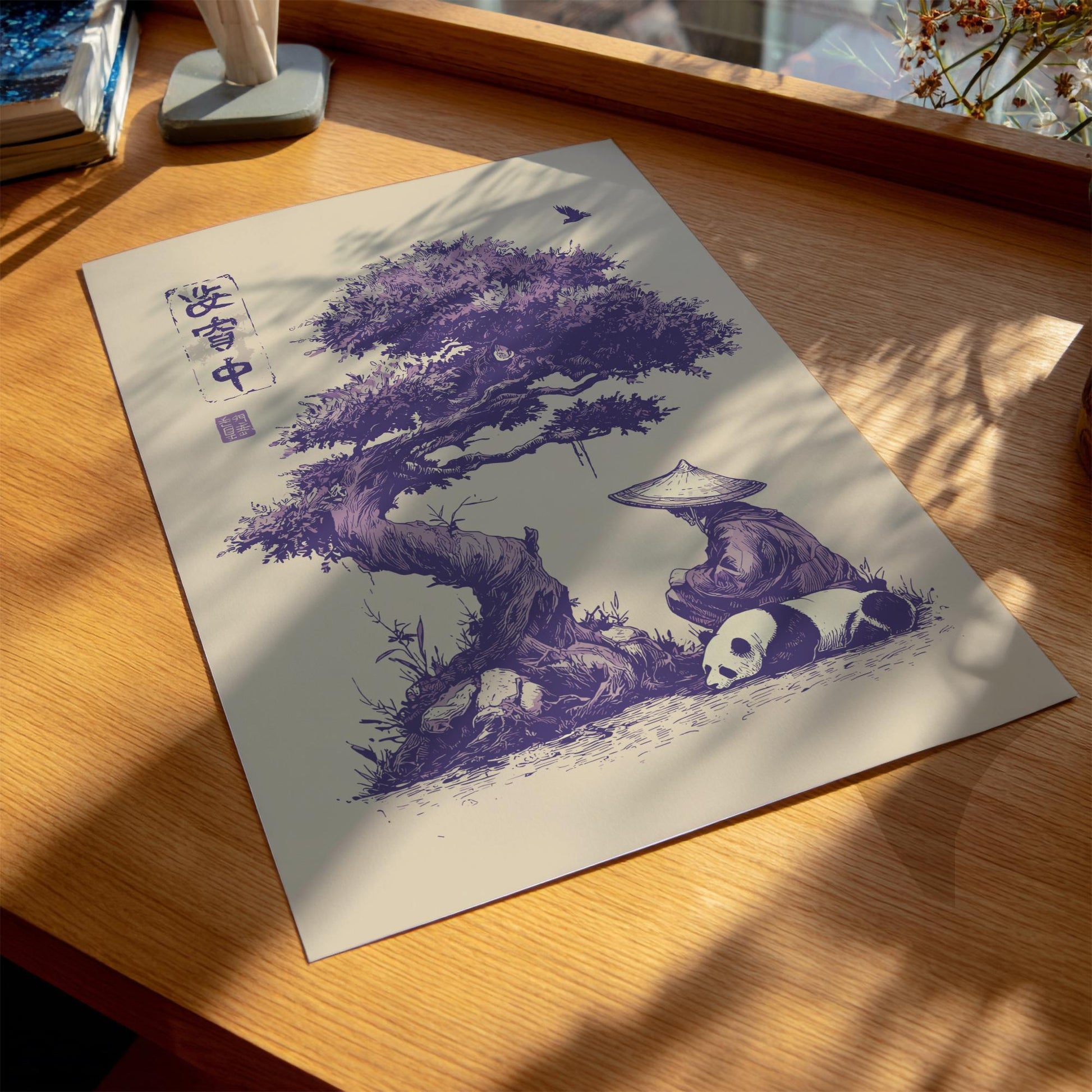 Meditative Panda & Monk Art Print | Japanese Style Ink Sketch | &#39;In Peace&#39; Kanji Wall Decor | Tranquil Zen Home Decor
