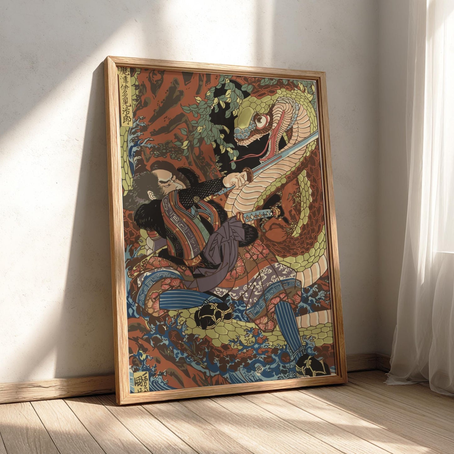Matsui Tamijiro Fighting Giant Snake Kuniyoshi Print, Honcho Musha Kagami Ukiyo-e, Edo Japanese Woodblock