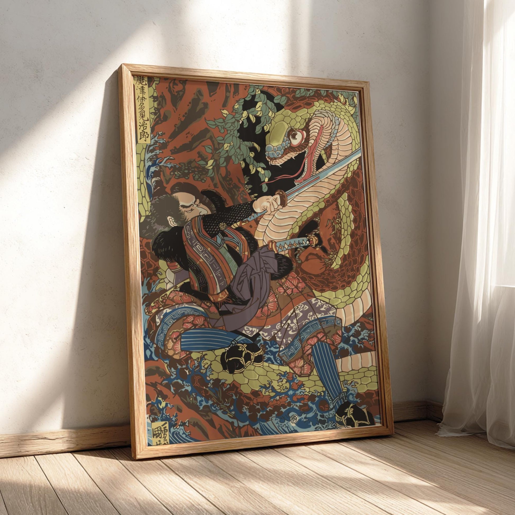 Matsui Tamijiro Fighting Giant Snake Kuniyoshi Print, Honcho Musha Kagami Ukiyo-e, Edo Japanese Woodblock